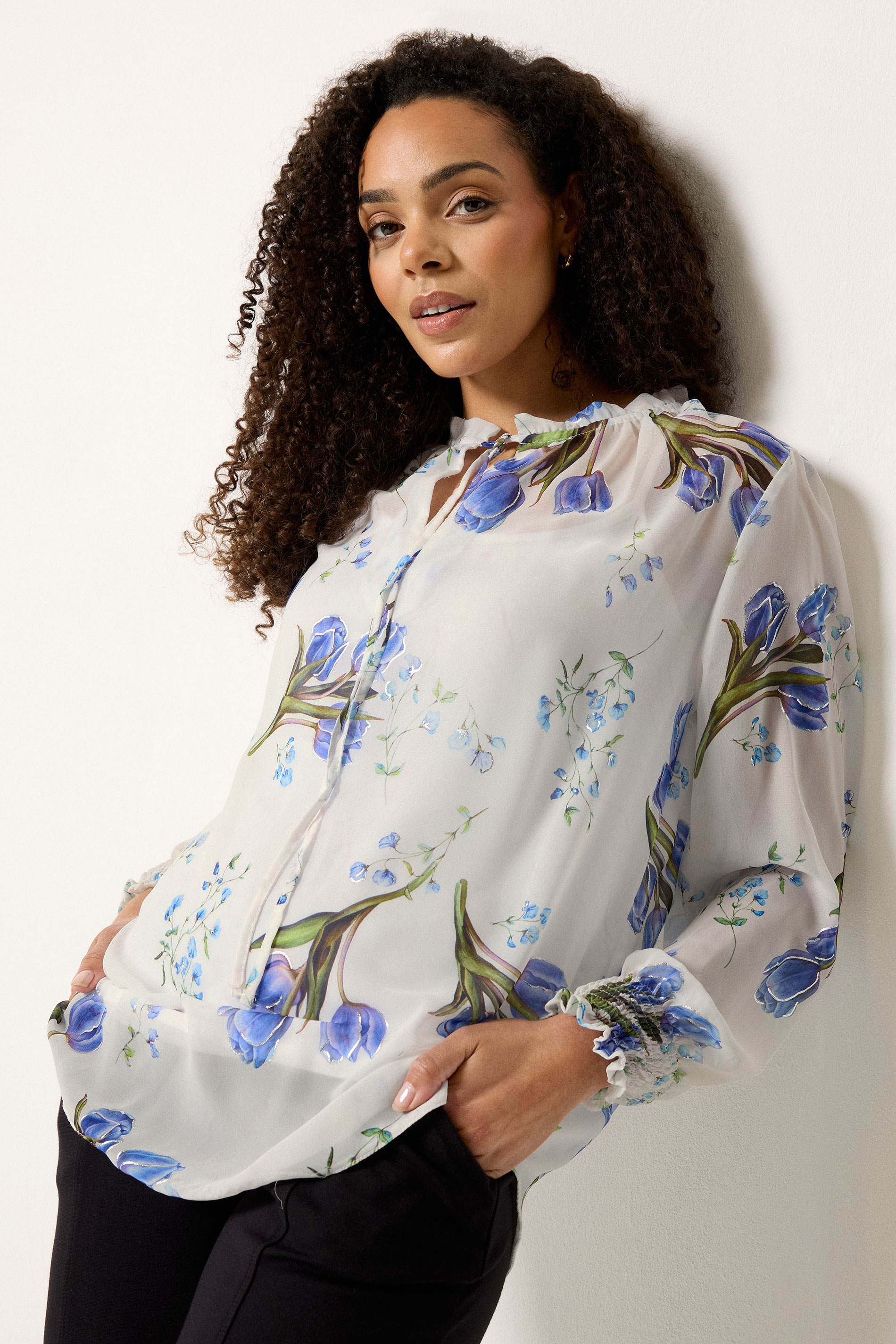 M&Co White & Blue Floral Tie Neck Blouse | M&Co 3