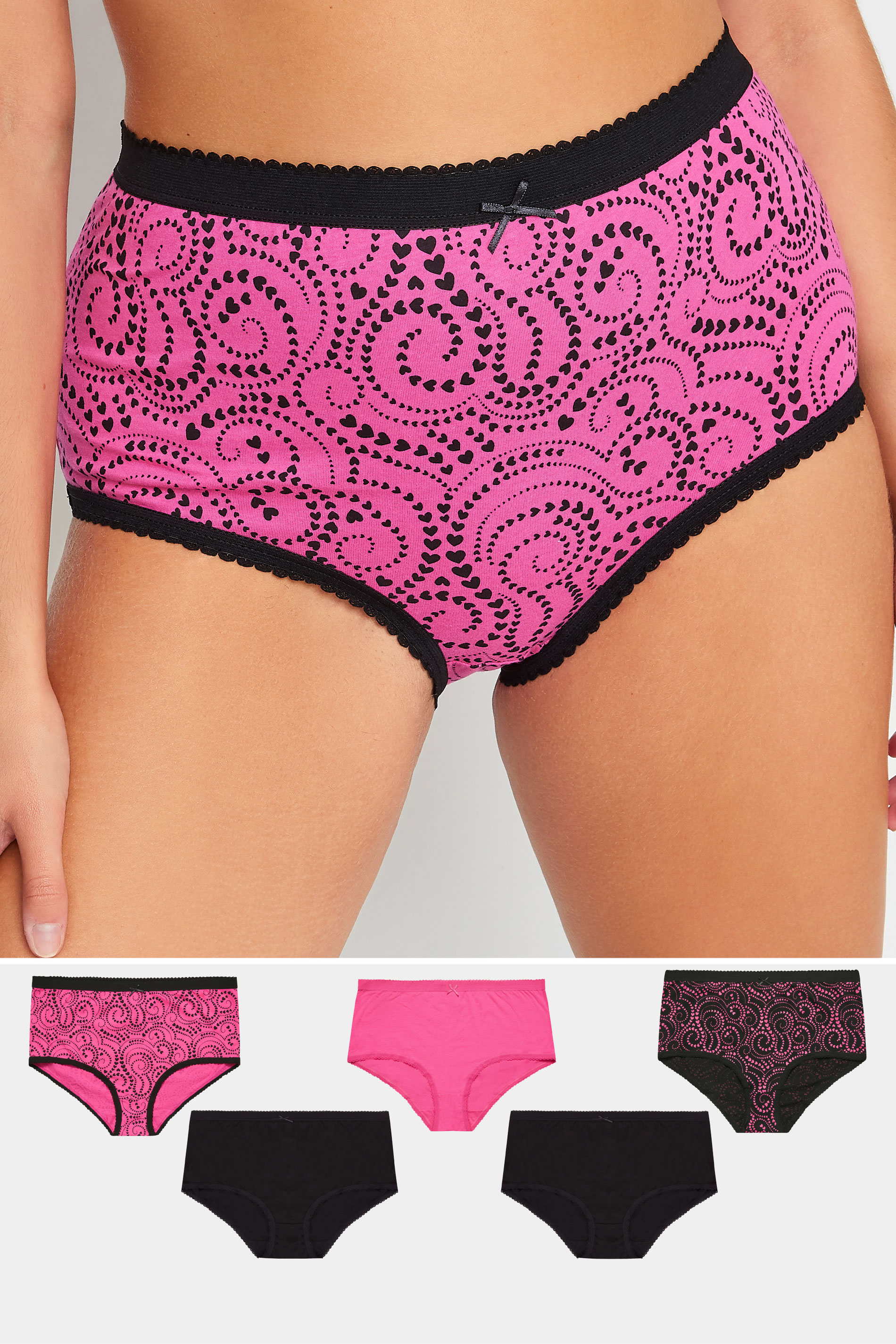 YOURS Plus Size 5 PACK Black & Pink Heart Swirl Print Full Briefs | Yours Clothing 1