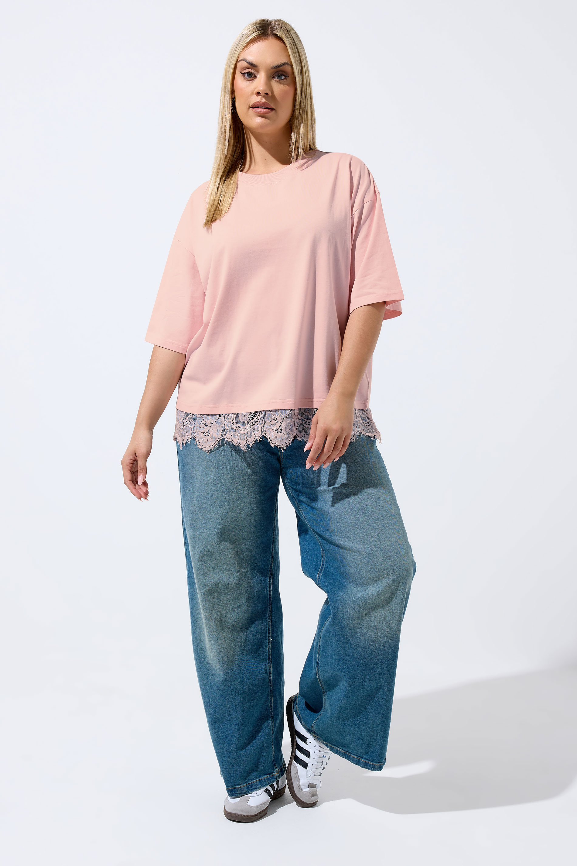 LIMITED COLLECTION Plus Size Pastel Pink Lace Trim T-Shirt | Yours Clothing 1