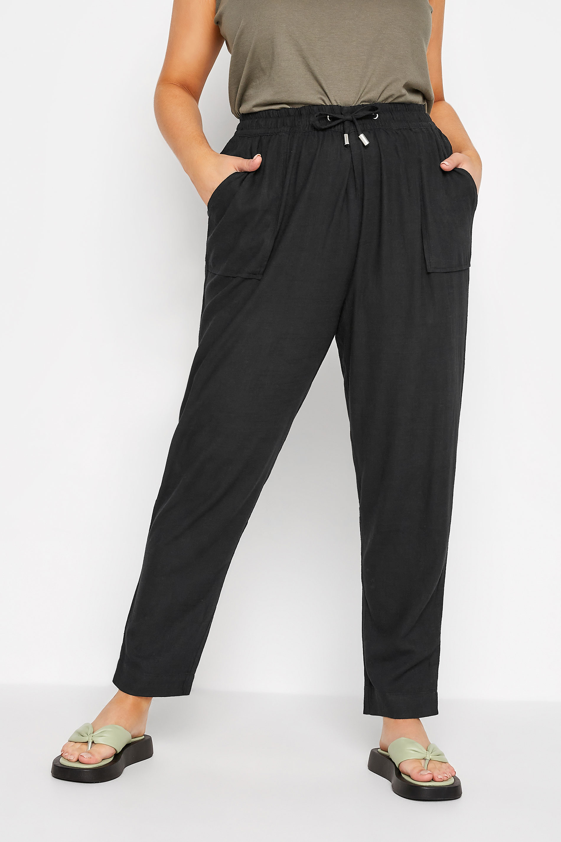 Plus Size Black Linen Blend Joggers | Yours Clothing  1
