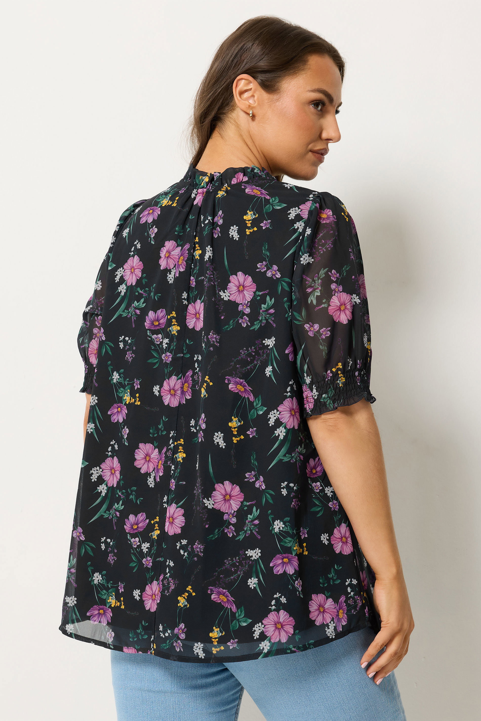 YOURS Plus Size Black Floral Frill Tie Neck Blouse | Yours Clothing 2