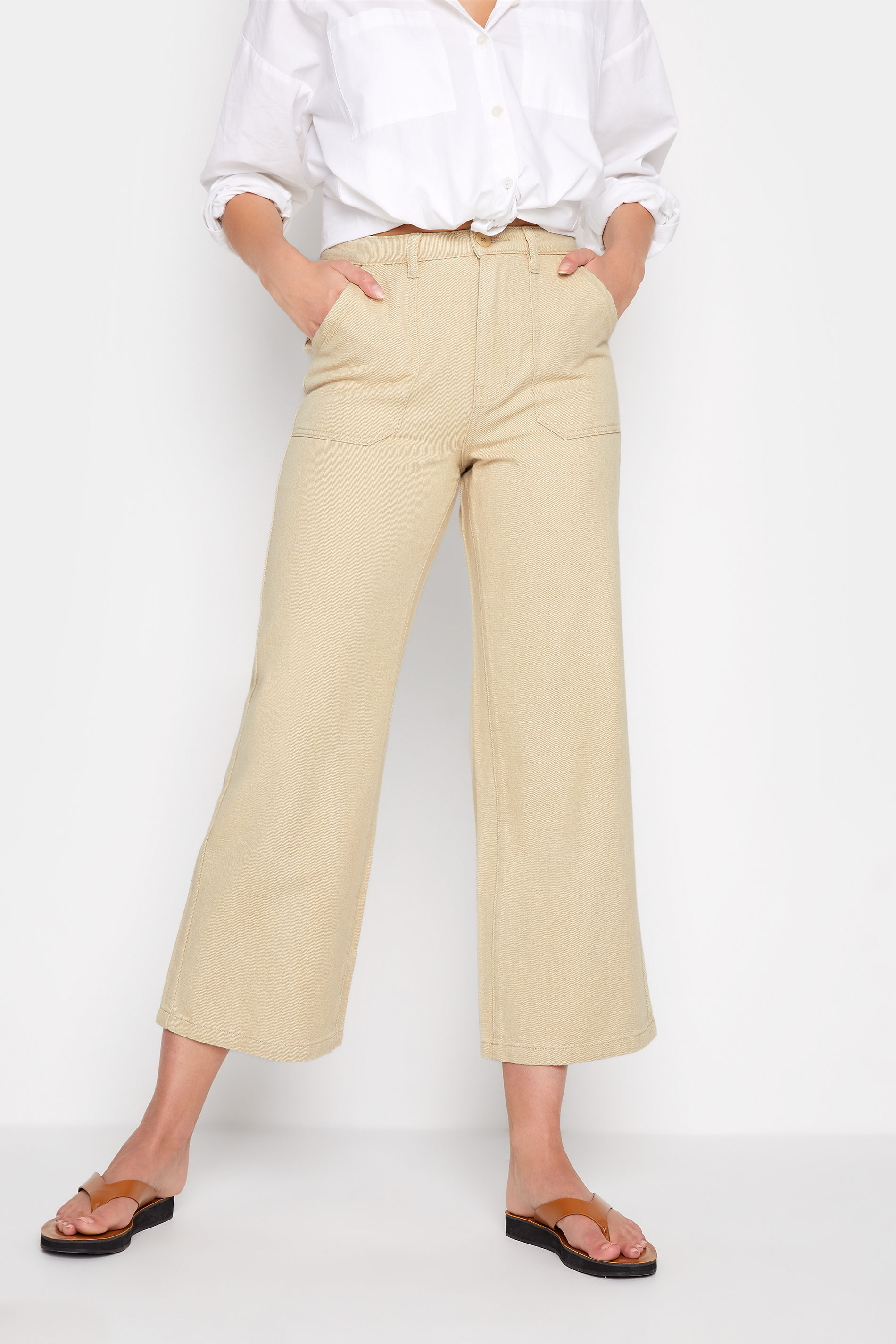 LTS Tall Cream Cotton Twill Wide Leg Cropped Trousers 1