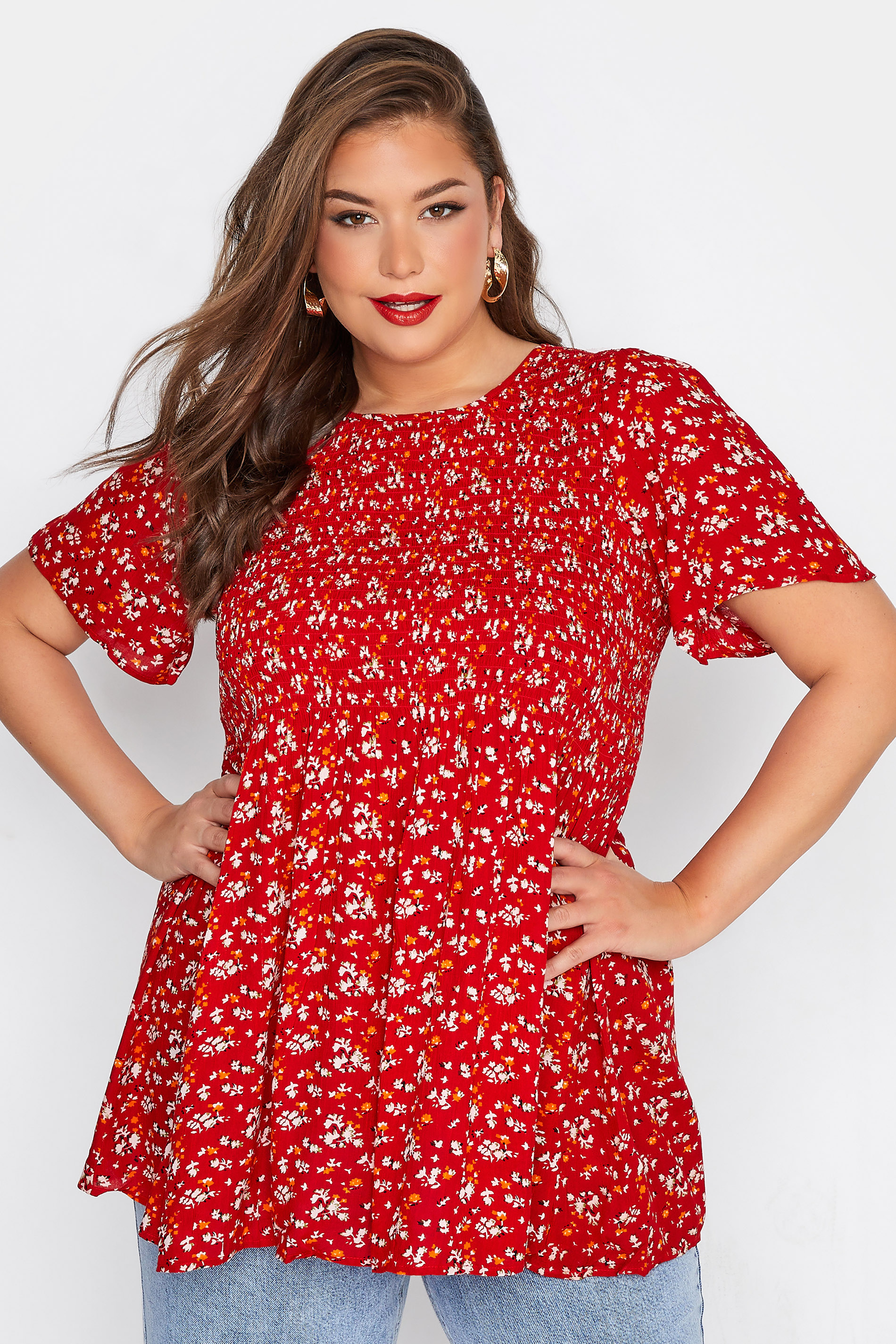 LIMITED COLLECTION Curve Red Floral Shirred Crinkle Smock Top 1