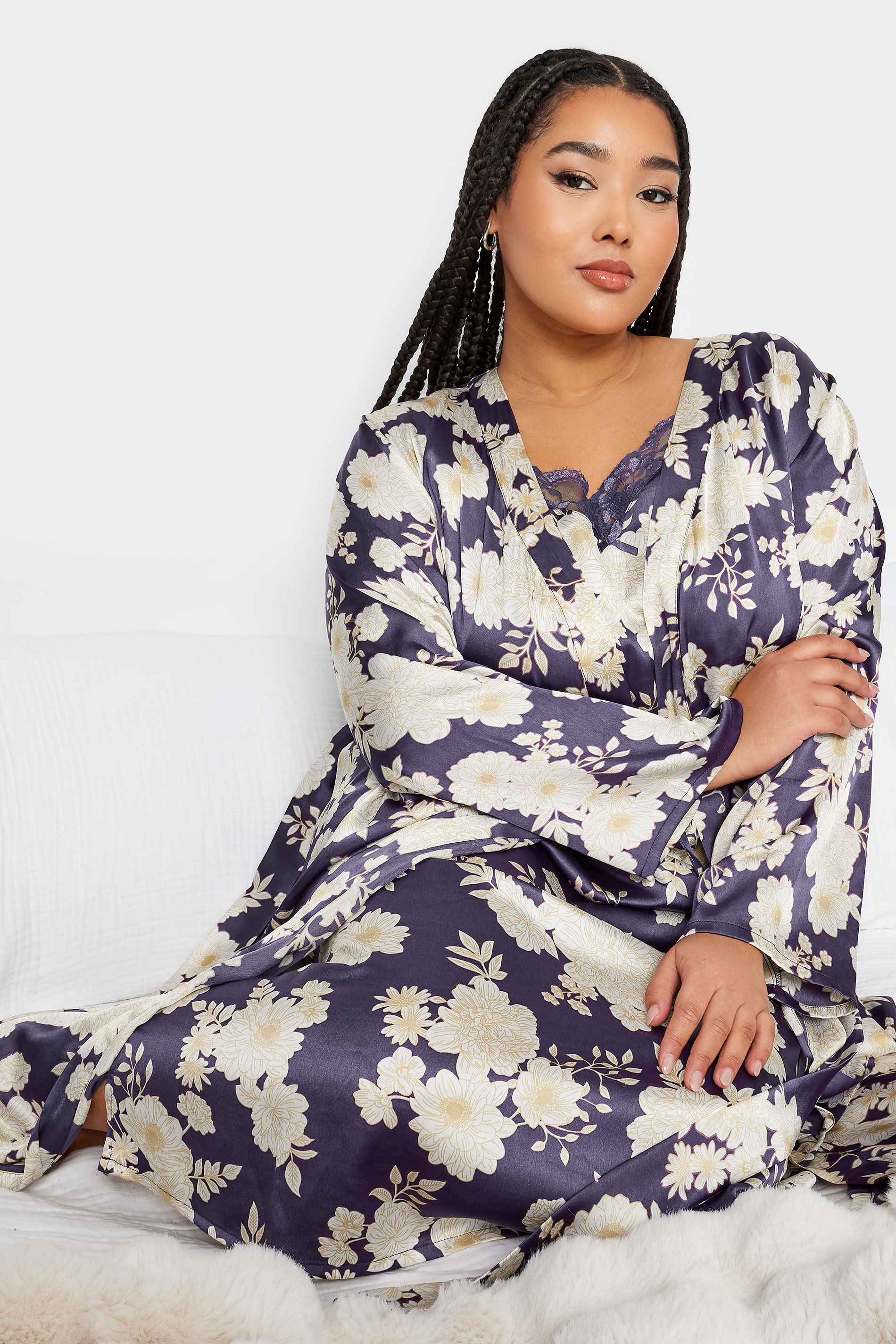 YOURS Plus Size Purple Floral Print Satin Robe | Yours Clothing 2