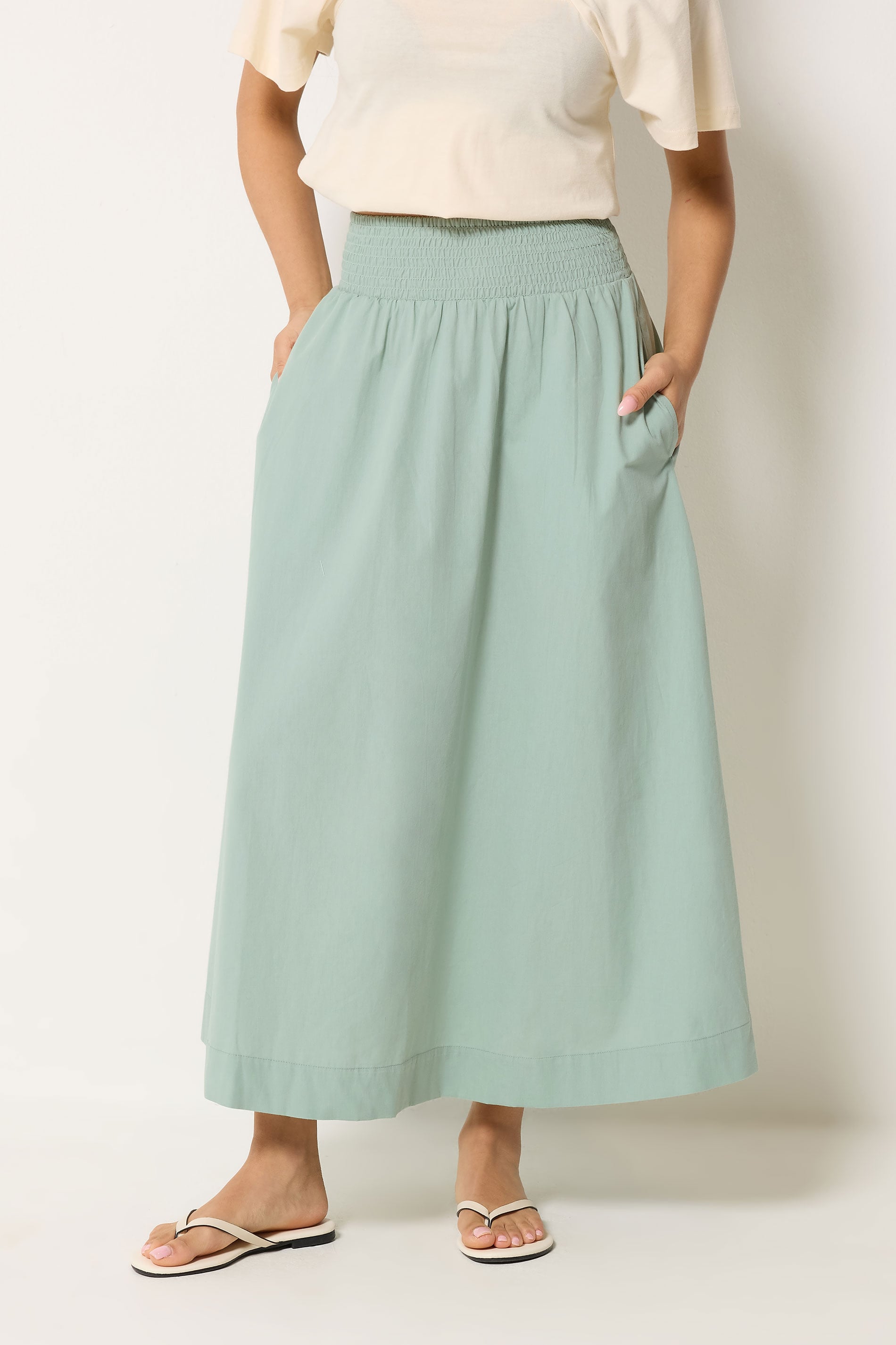PixieGirl Petite Women's Sage Green Poplin Shirred Cotton Maxi Skirt | PixieGirl 1