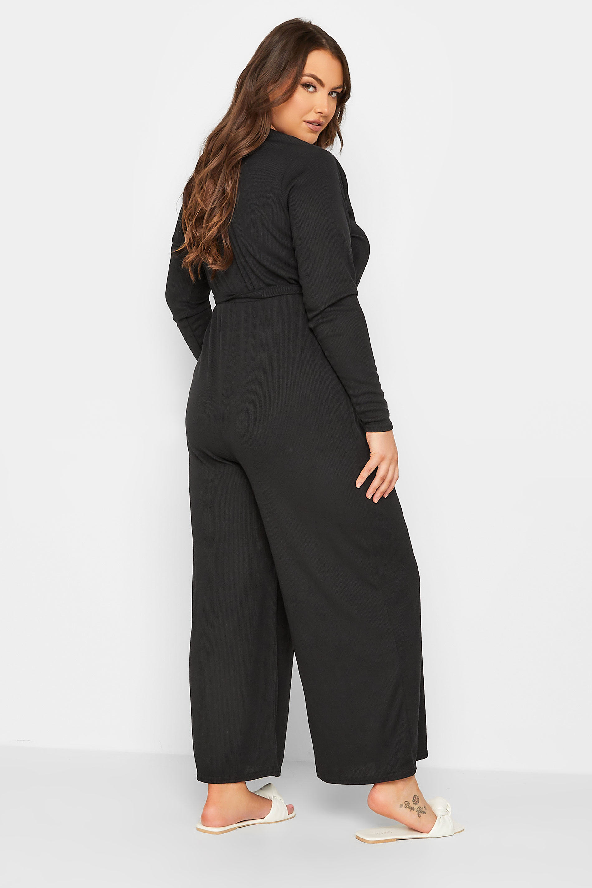 LIMITED COLLECTION Plus Size Black Ribbed Wide Leg Jumpsuit | Yours Clothing 3