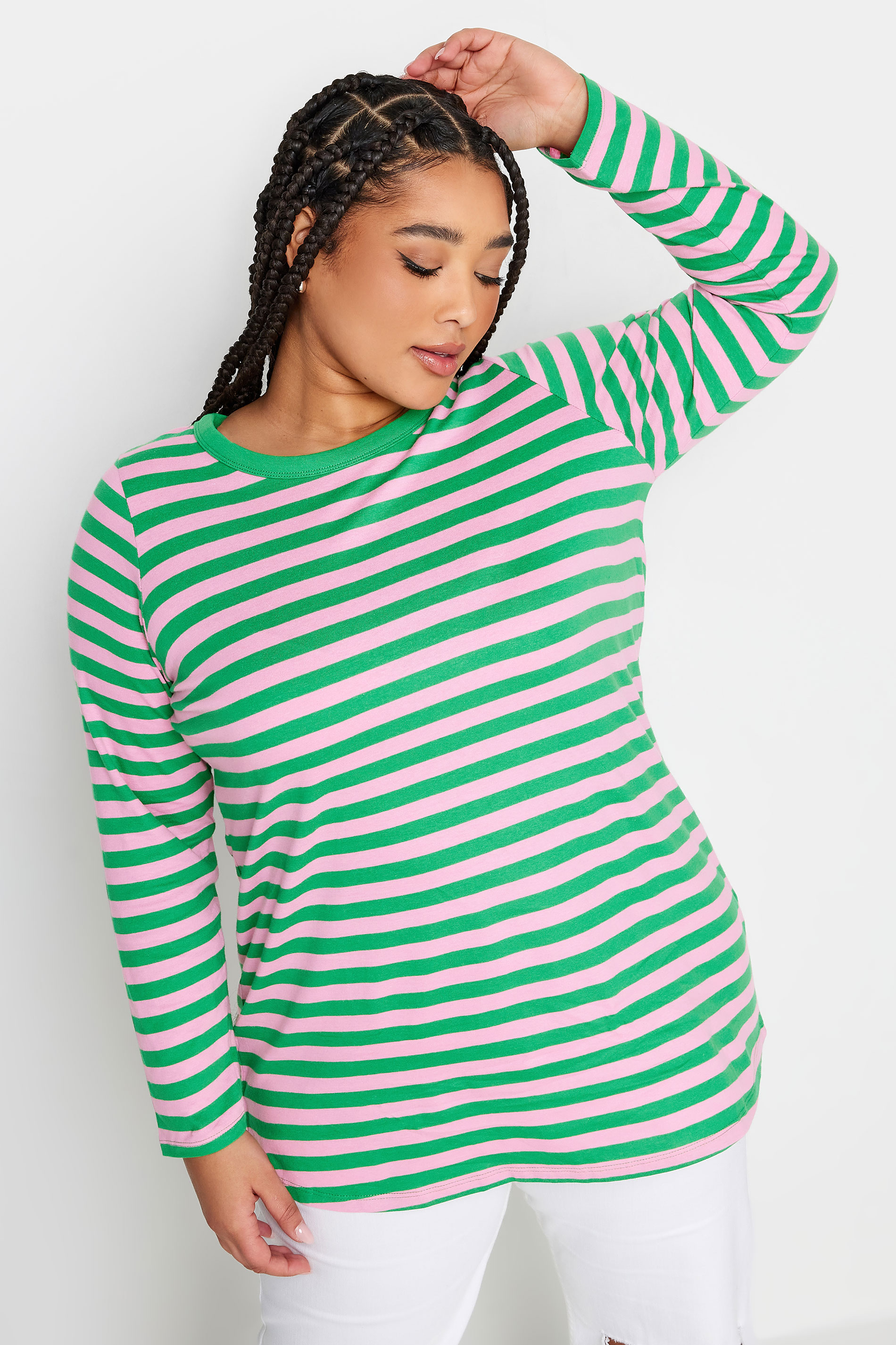 YOURS Curve Green & Pink Stripe Long Sleeve T-Shirt | Yours Clothing 1