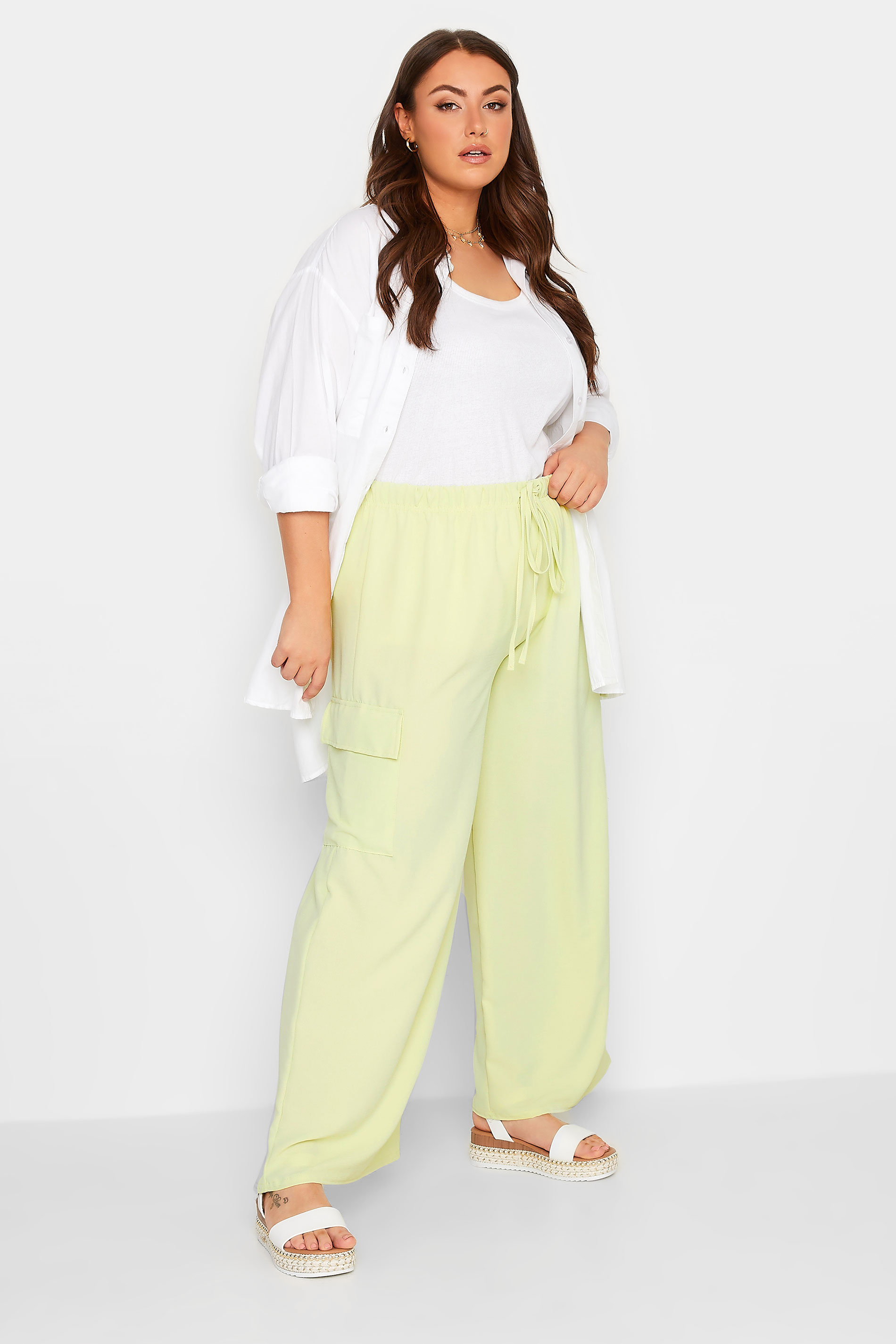 YOURS Plus Size Lime Green Wide Leg Crepe Cargo Trousers | Yours Clothing 2