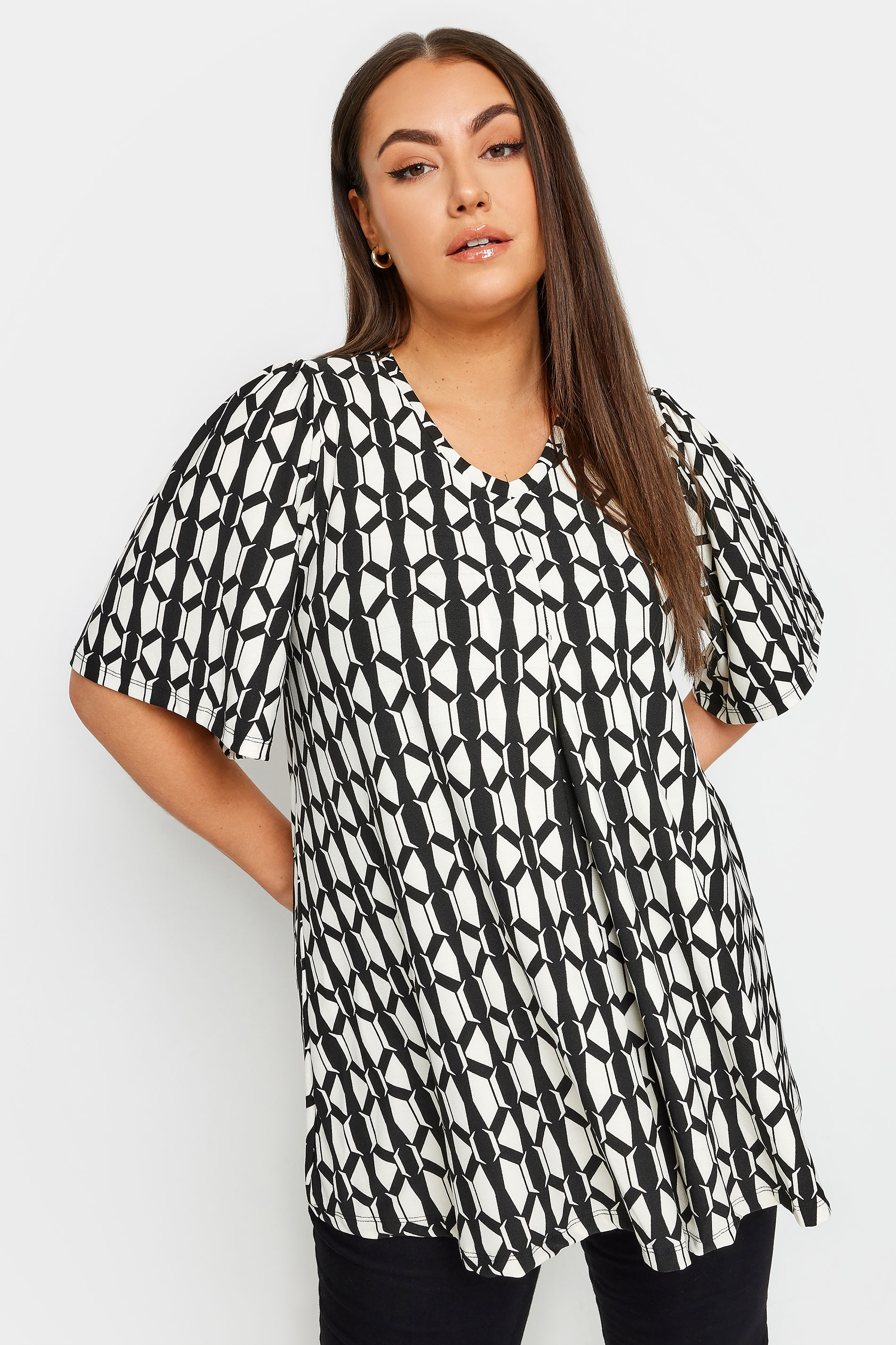 YOURS Plus Size Black Geometric Print Pleat Front Top | Yours Clothing 1