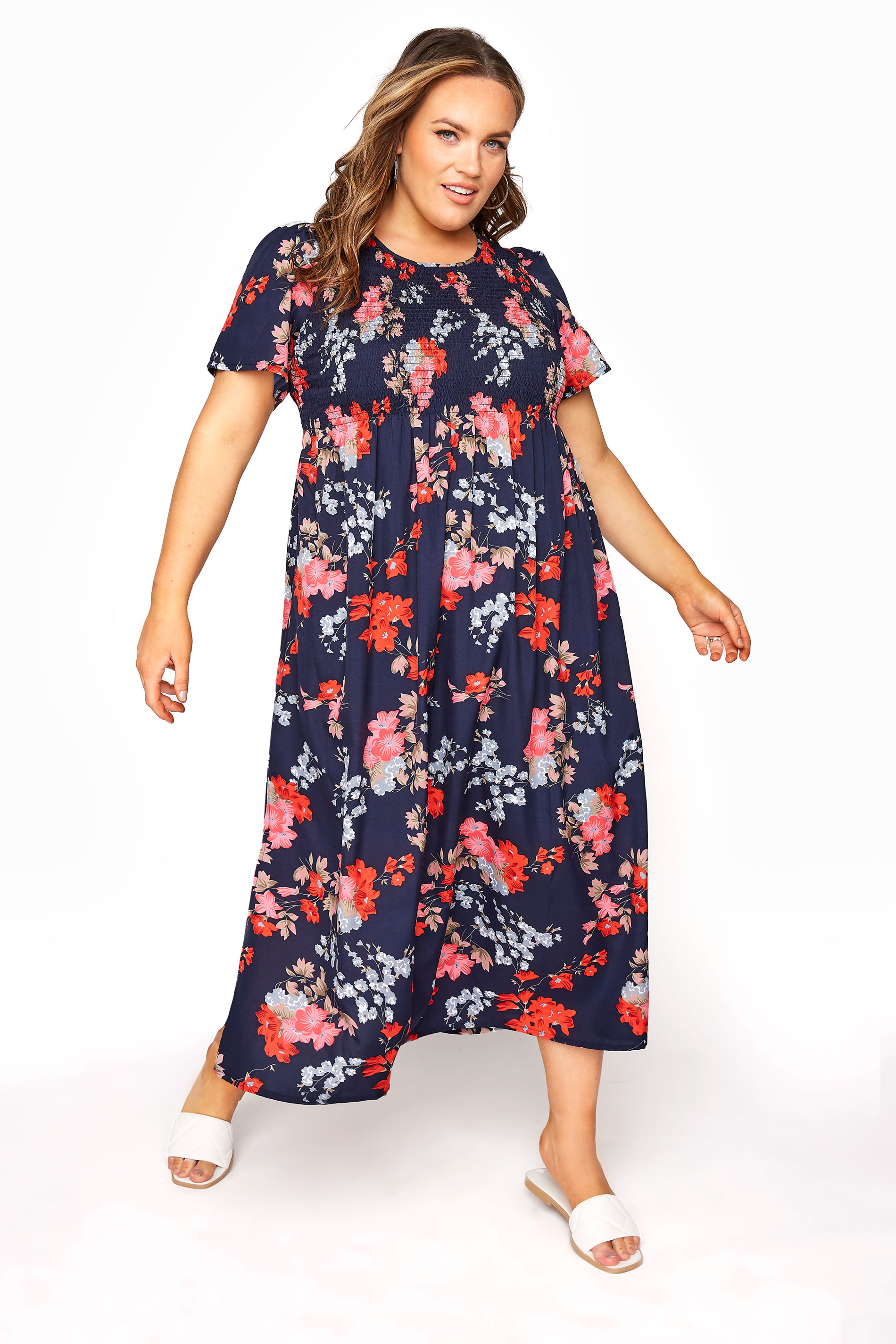 Blue Floral Shirred Maxi Dress | Yours Clothing