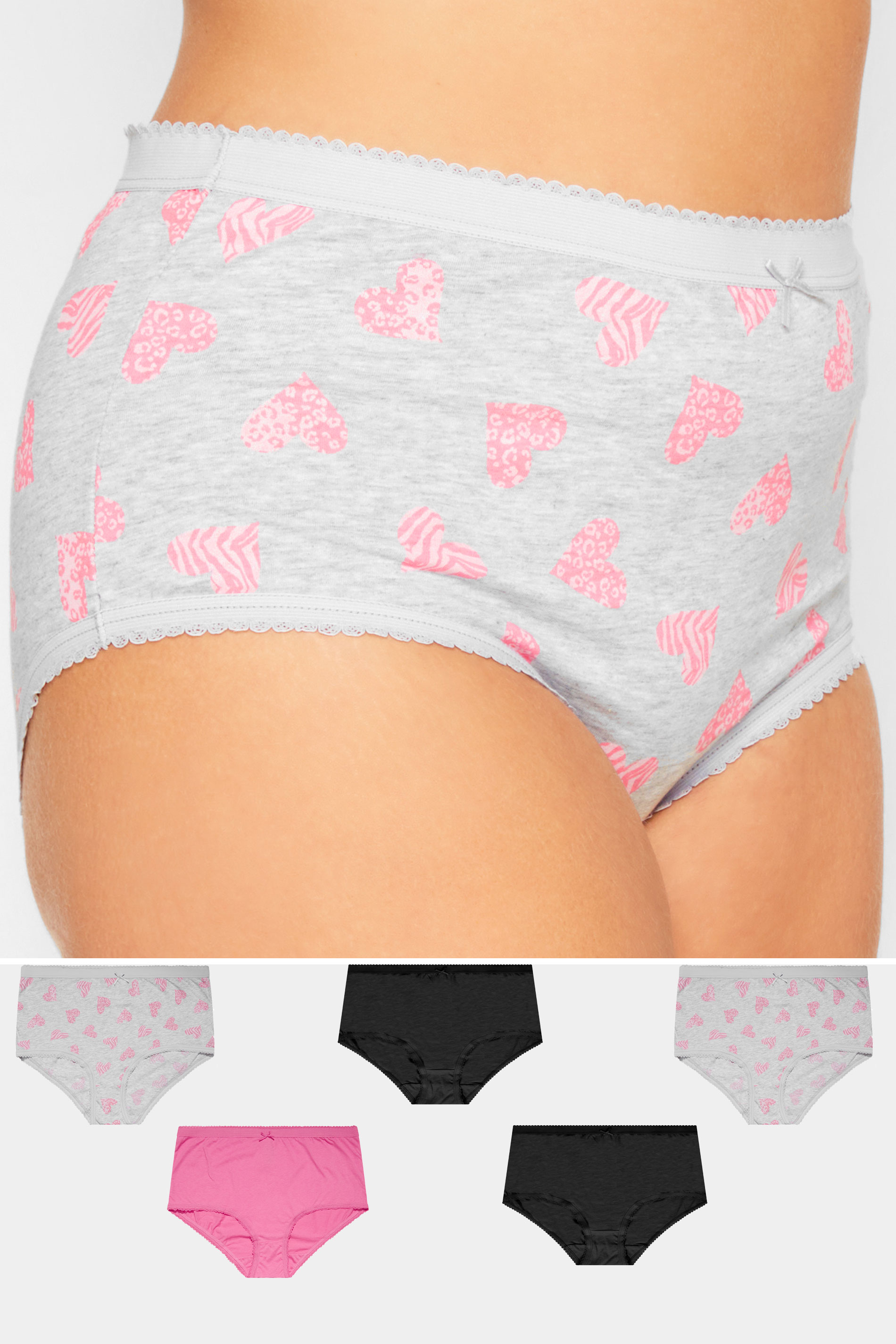 5 PACK Curve Grey & Pink Animal Print Heart Full Briefs | Yours Clothing 1