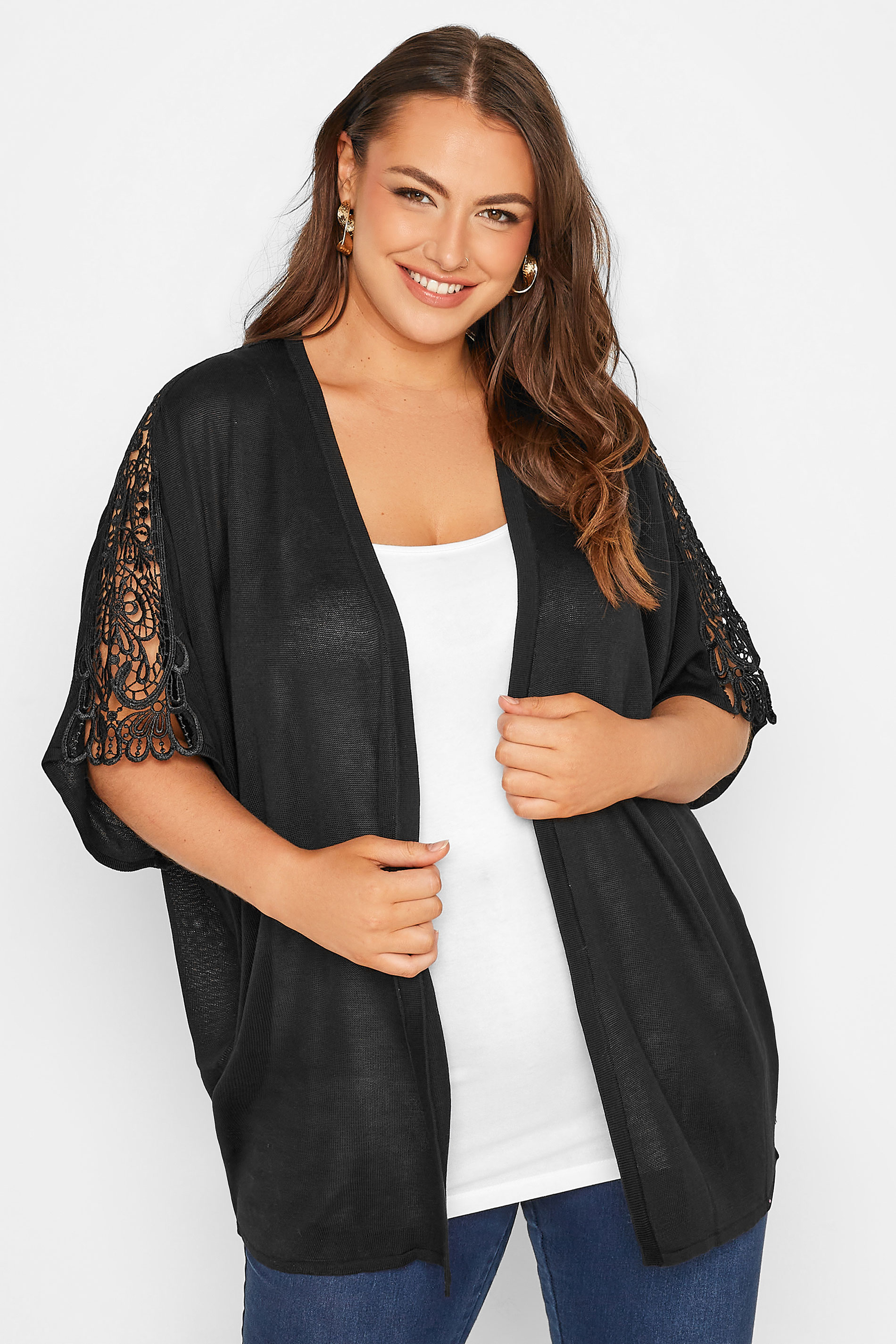 Black Lace Sleeve Kimono Cardigan | Yours Clothing 1