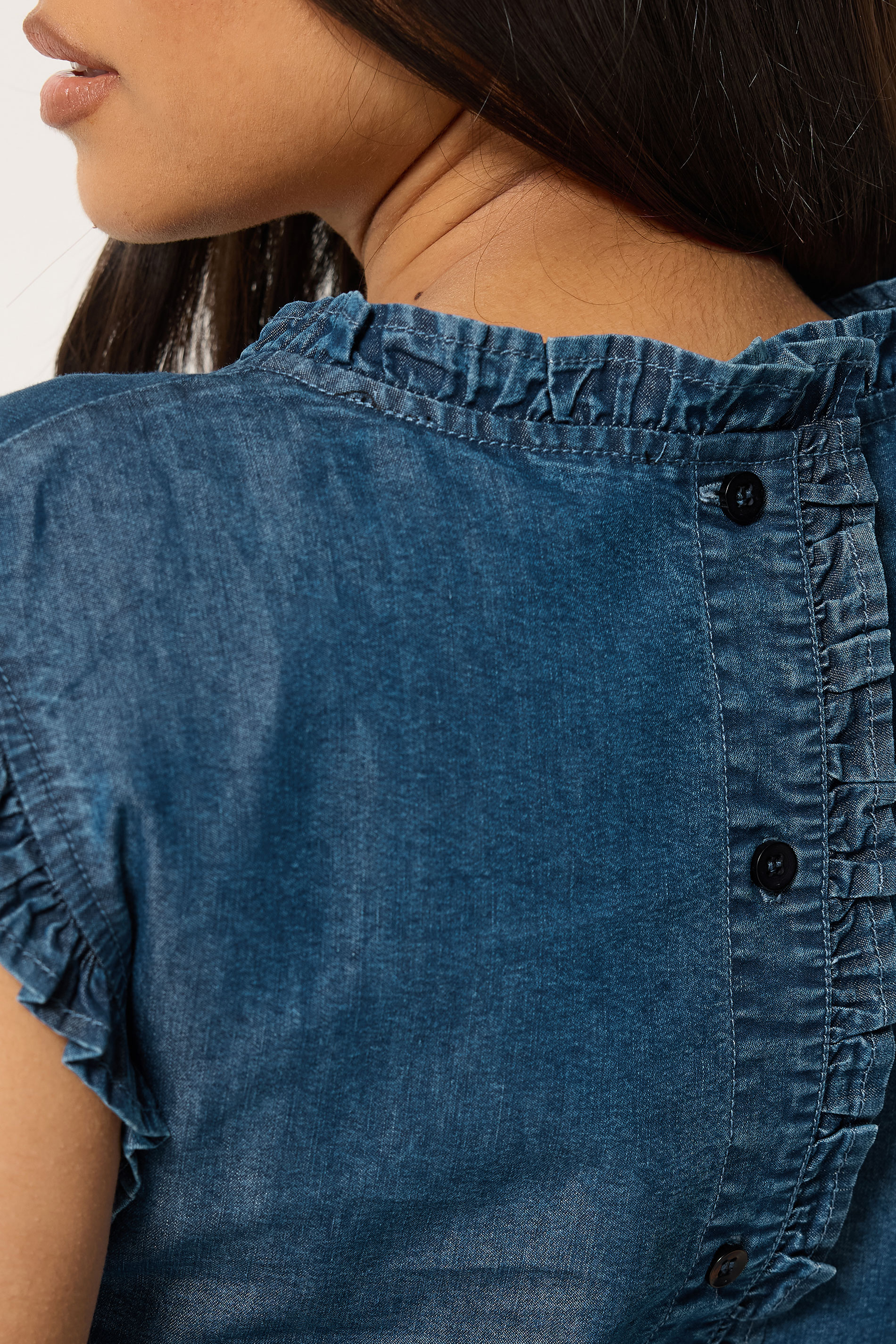 PixieGirl Petite Women's Blue Frill Button Denim Vest | PixieGirl 4