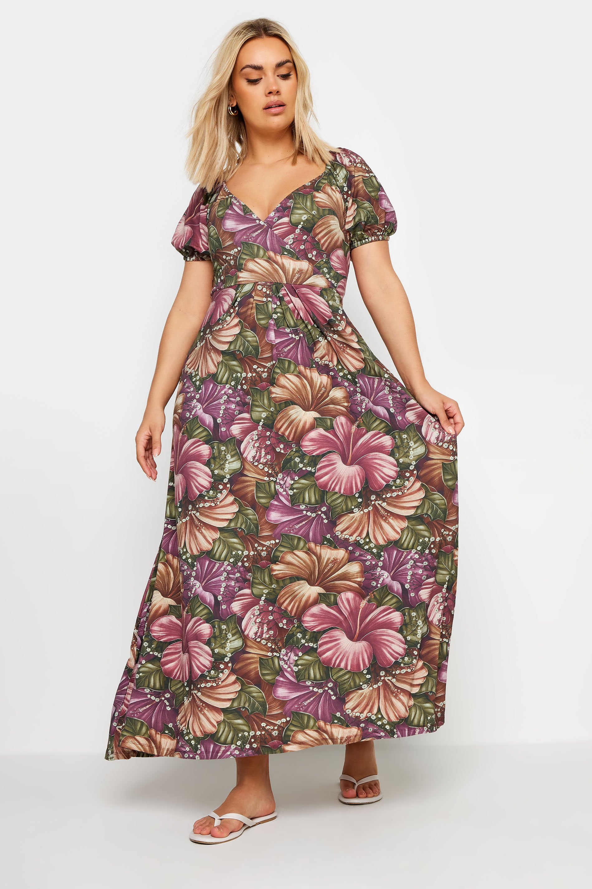 YOURS Plus Size Pink & Green Floral Print Maxi Wrap Dress | Yours Clothing