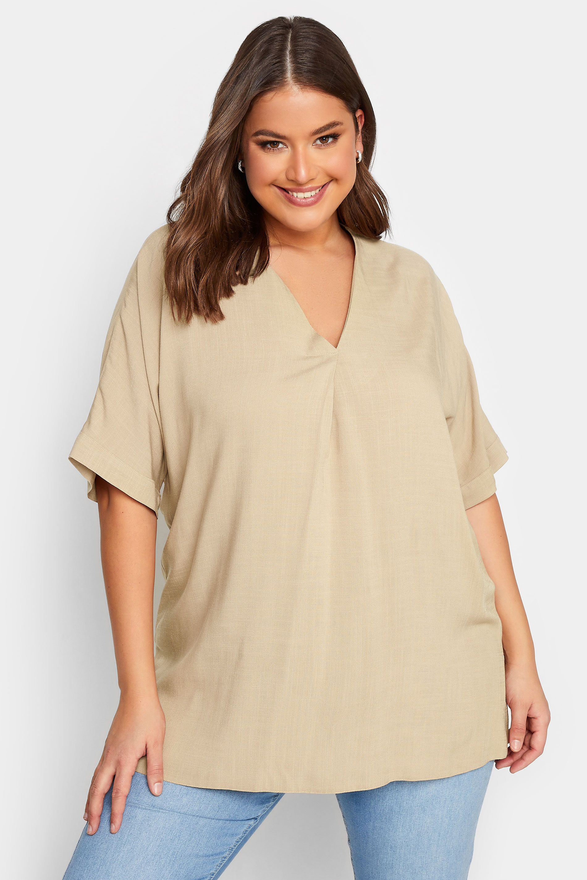 YOURS Curve Plus Size Beige Brown V-Neck Top | Yours Clothing  1