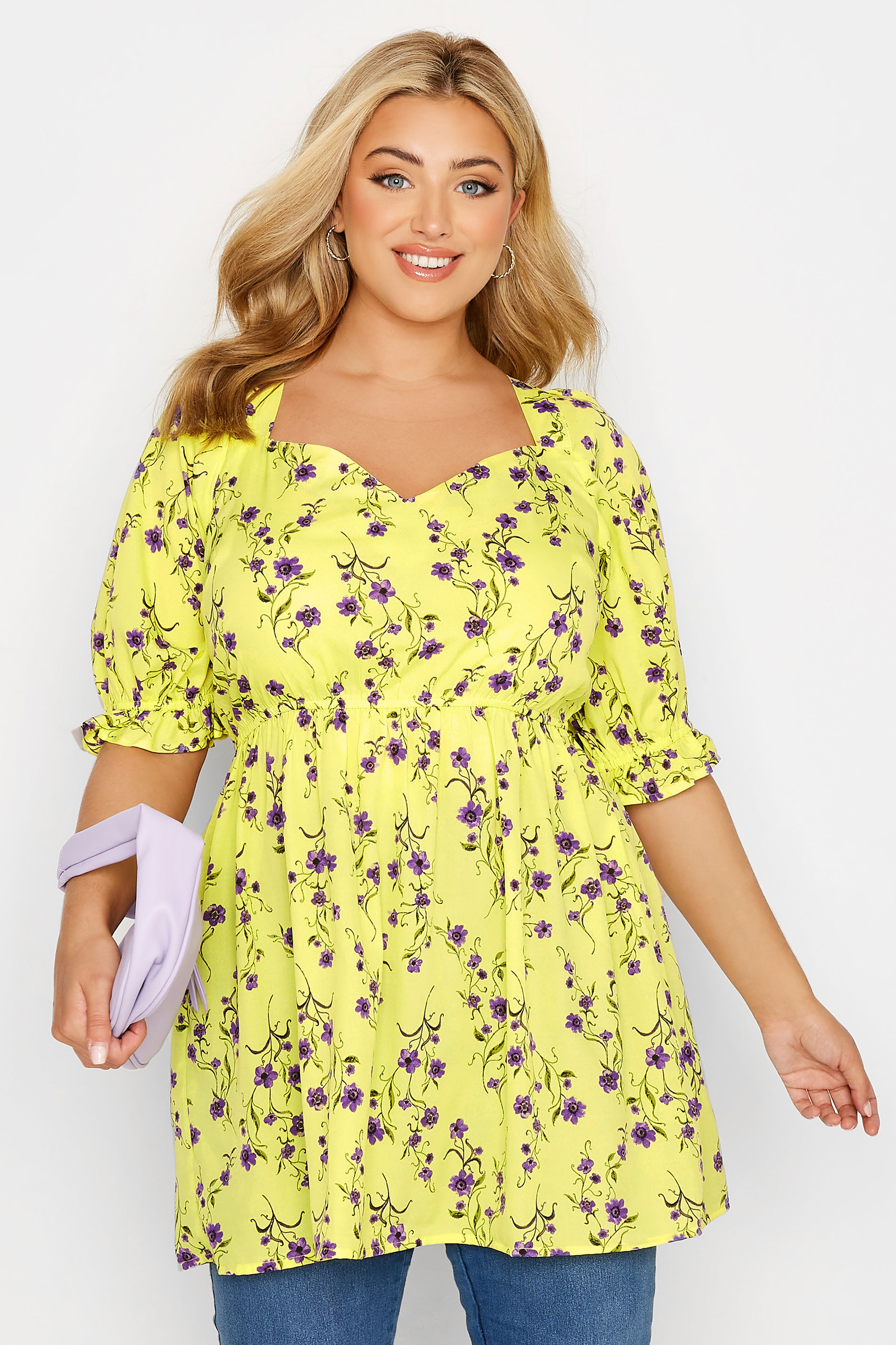 Curve Yellow Floral Print Sweetheart Puff Sleeve Top 1