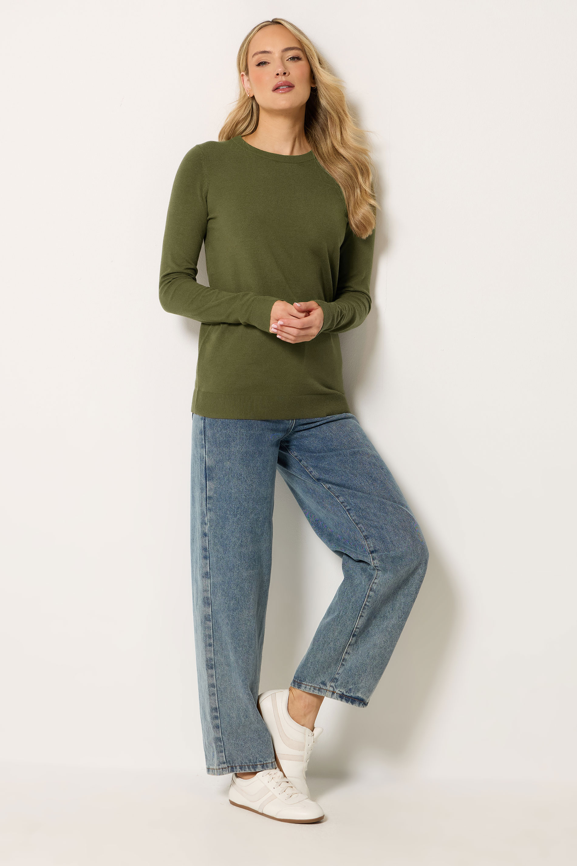 LTS Tall Women's Khaki Green Knitted Crew Neck Jumper | Long Tall Sally 1