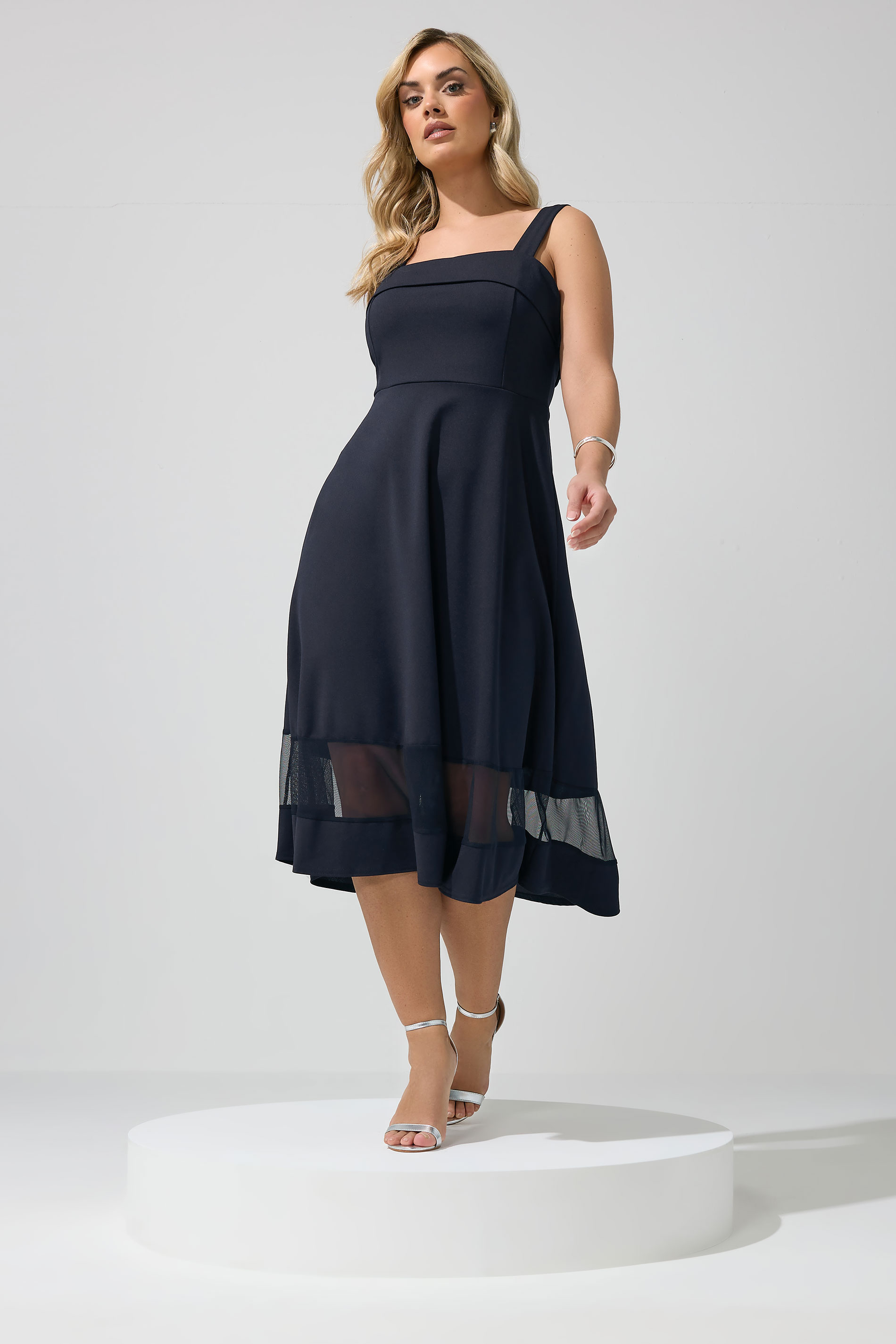 YOURS LONDON Plus Size Navy Blue Mesh Insert Dress | Yours Clothing 1