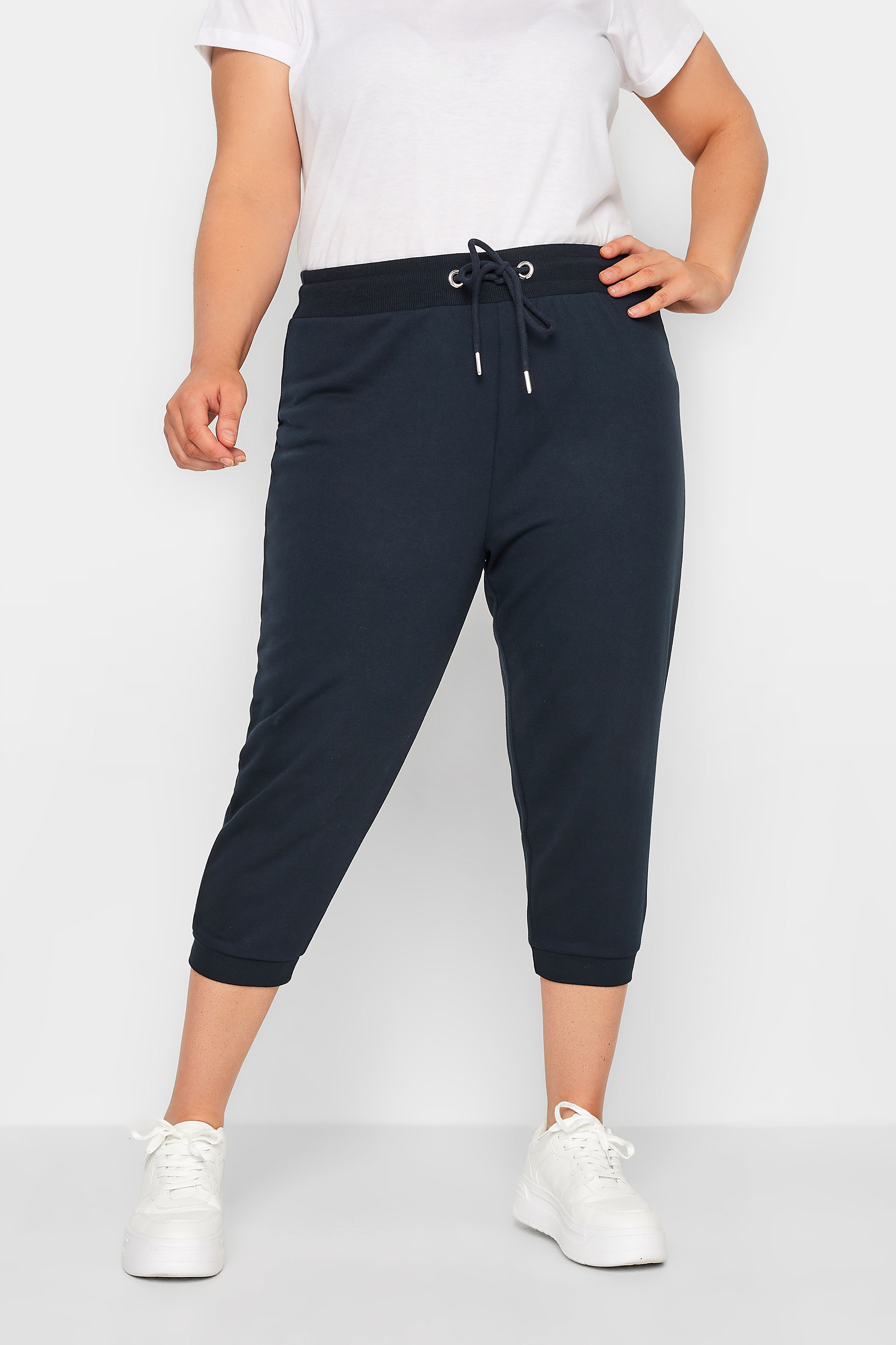 YOURS Plus Size Navy Blue Cropped Stretch Joggers | Yours Clothing 1