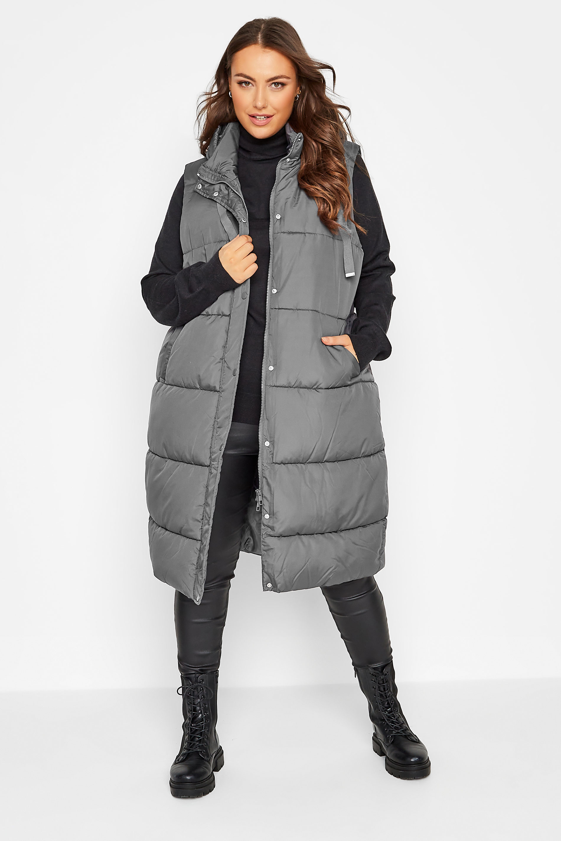 Plus Size Grey Maxi Panelled Puffer Gilet | Yours Clothing 1