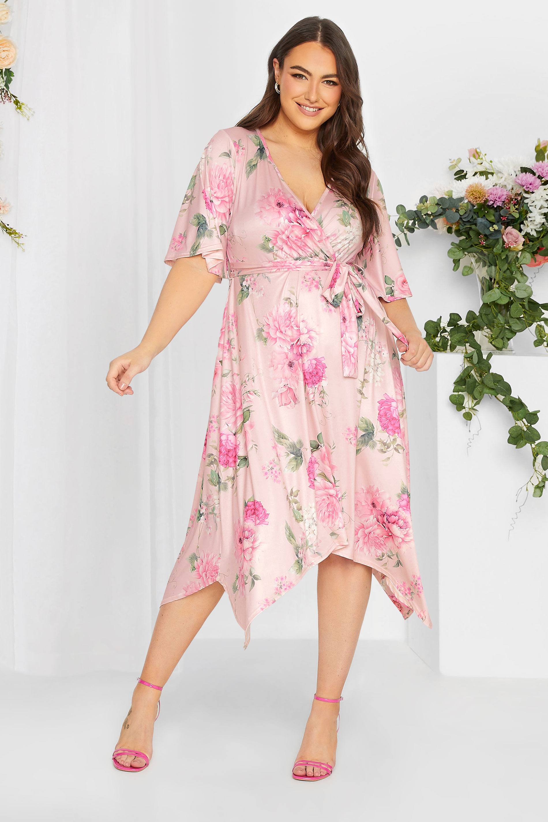 YOURS LONDON Curve Plus Size Light Pink Floral Hanky Hem Dress | Yours Clothing  1