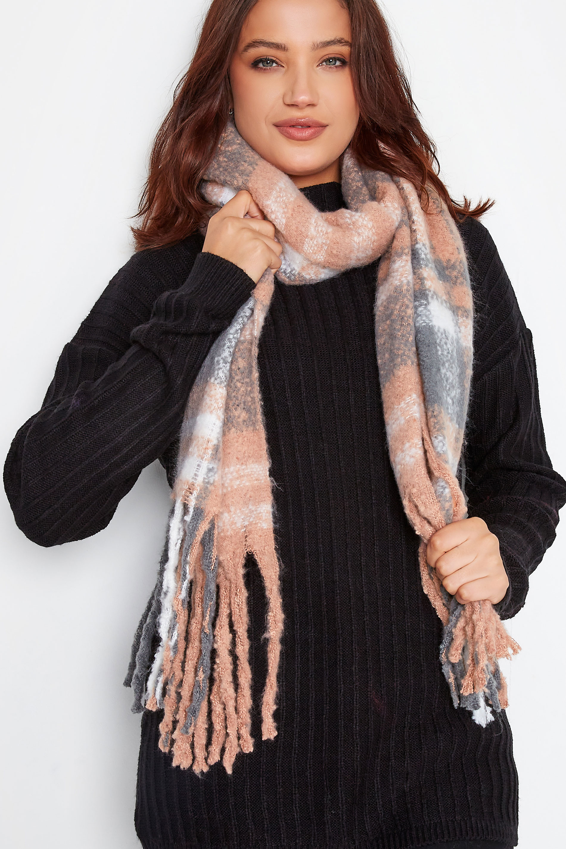 Pink & Grey Check Chunky Tassel Scarf | Yours Clothing 1
