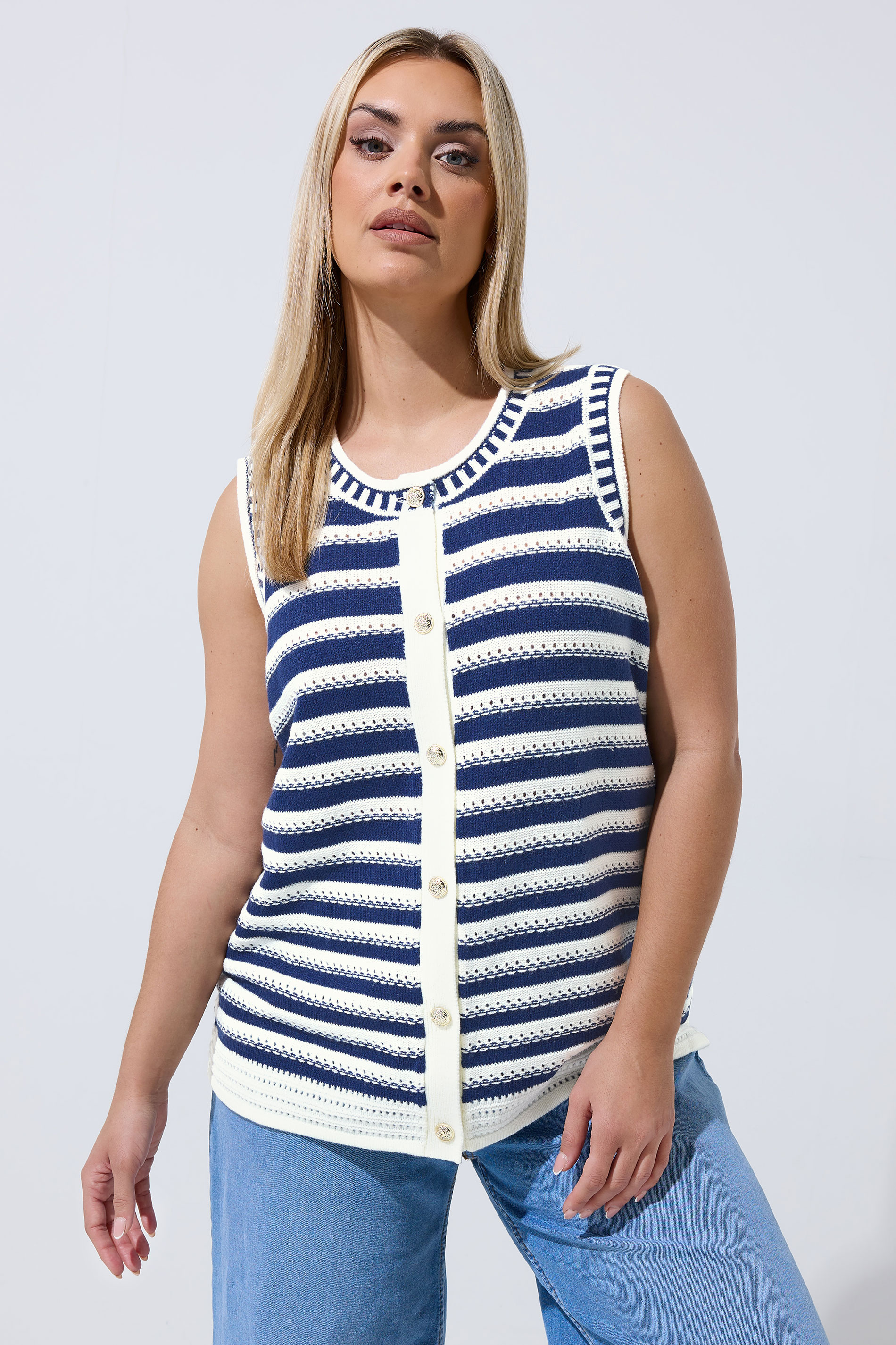 LIMITED COLLECTION Plus Size Navy Blue Stripe Knitted Waistcoat | Yours Clothing 1