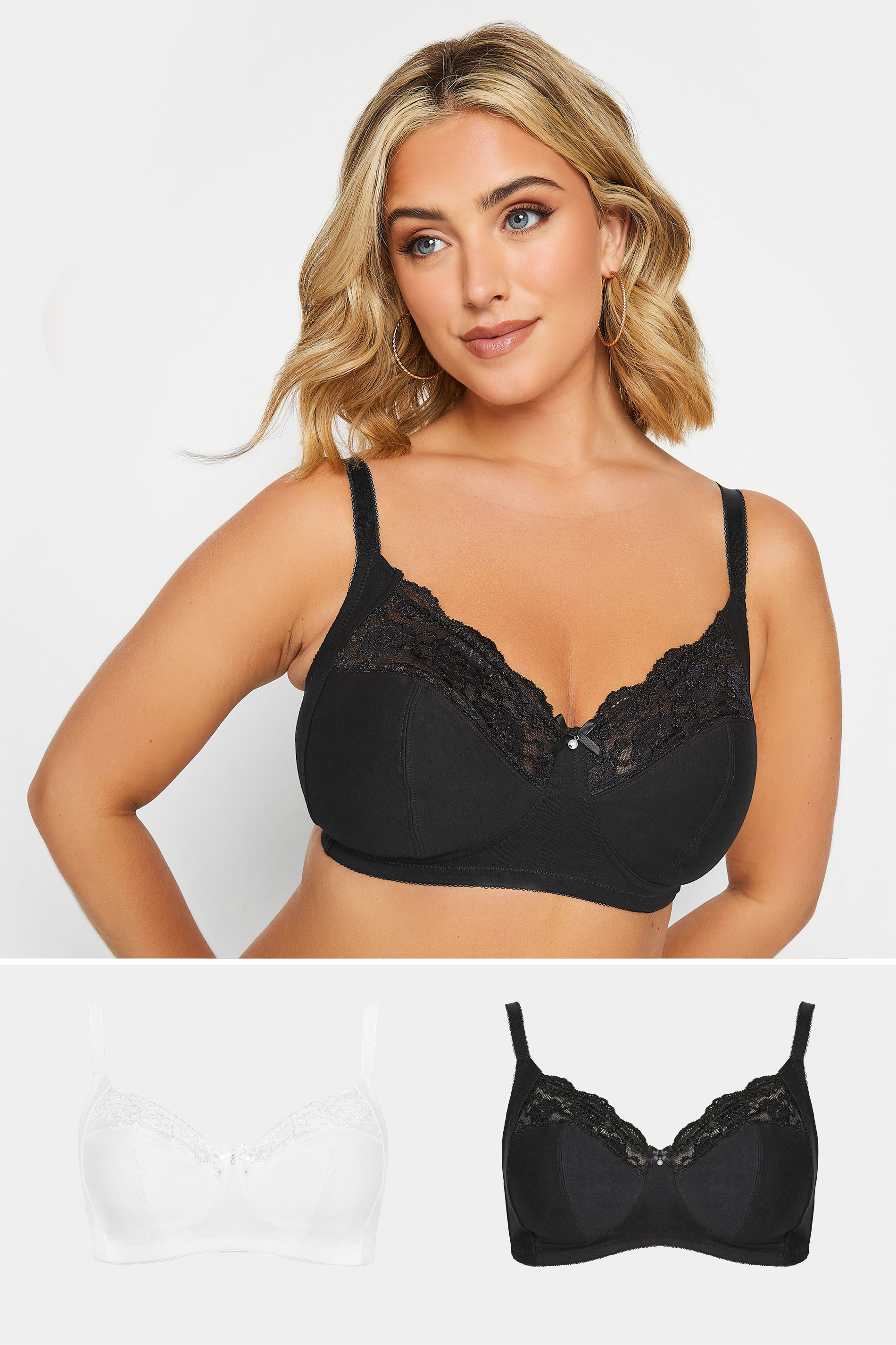 2 PACK Black & White Non-Padded Non-Wired Full Cup Bras | Yours Clothing 1