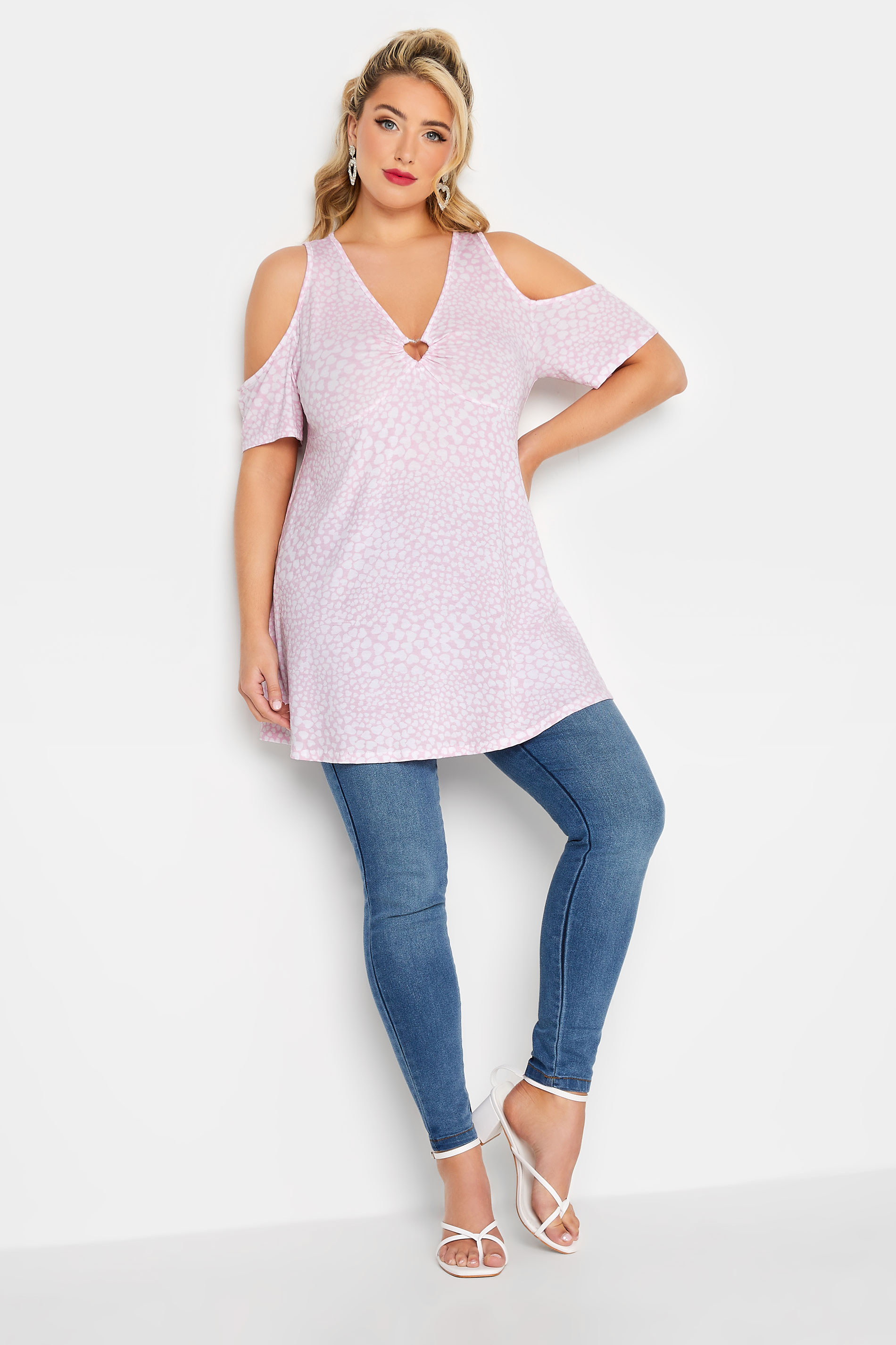 LIMITED COLLECTION Plus Size Curve Pink Heart Print Keyhole Short Sleeve Top | Yours Clothing  2