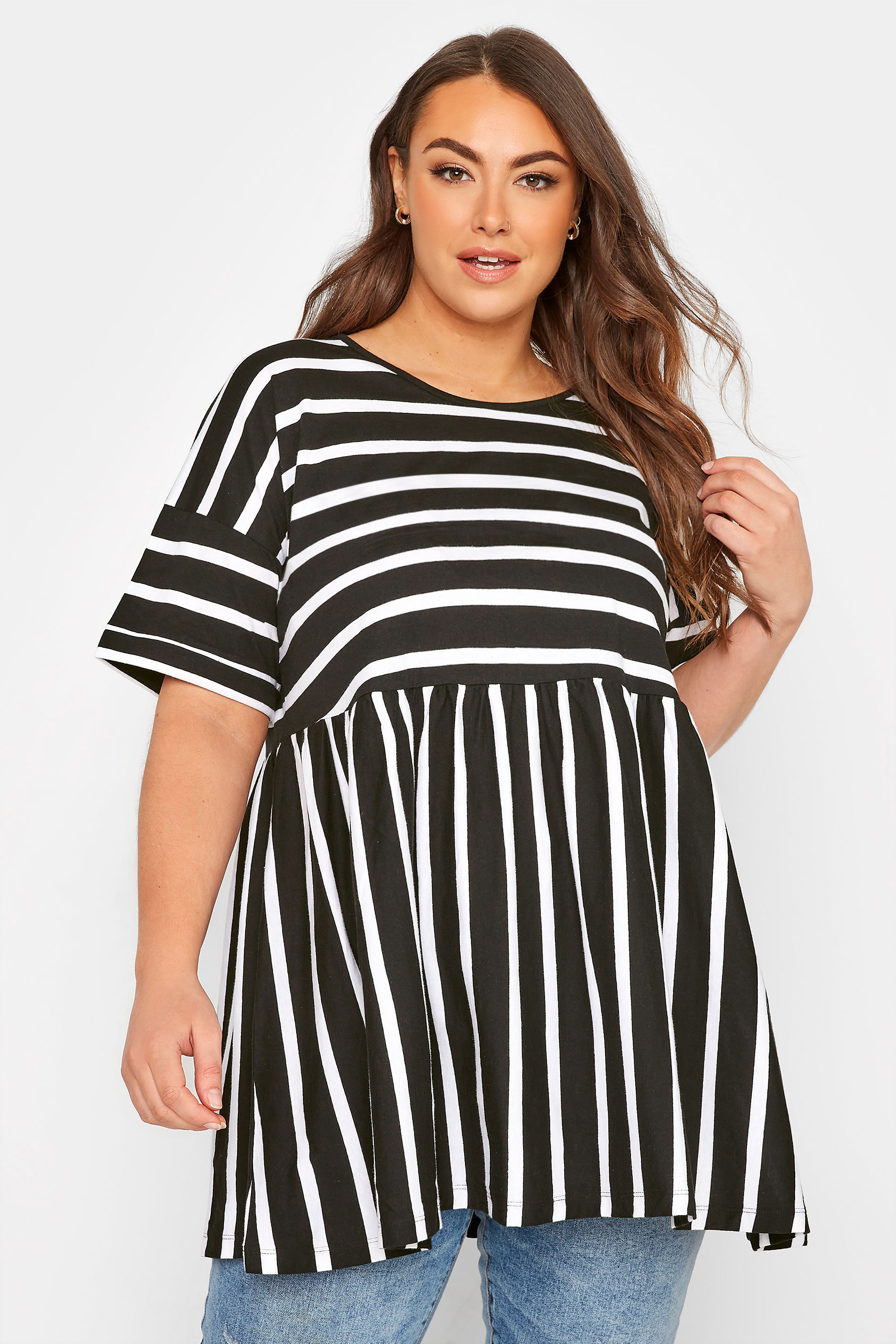Plus Size Black Stripe Drop Shoulder Peplum Top | Yours Clothing 1
