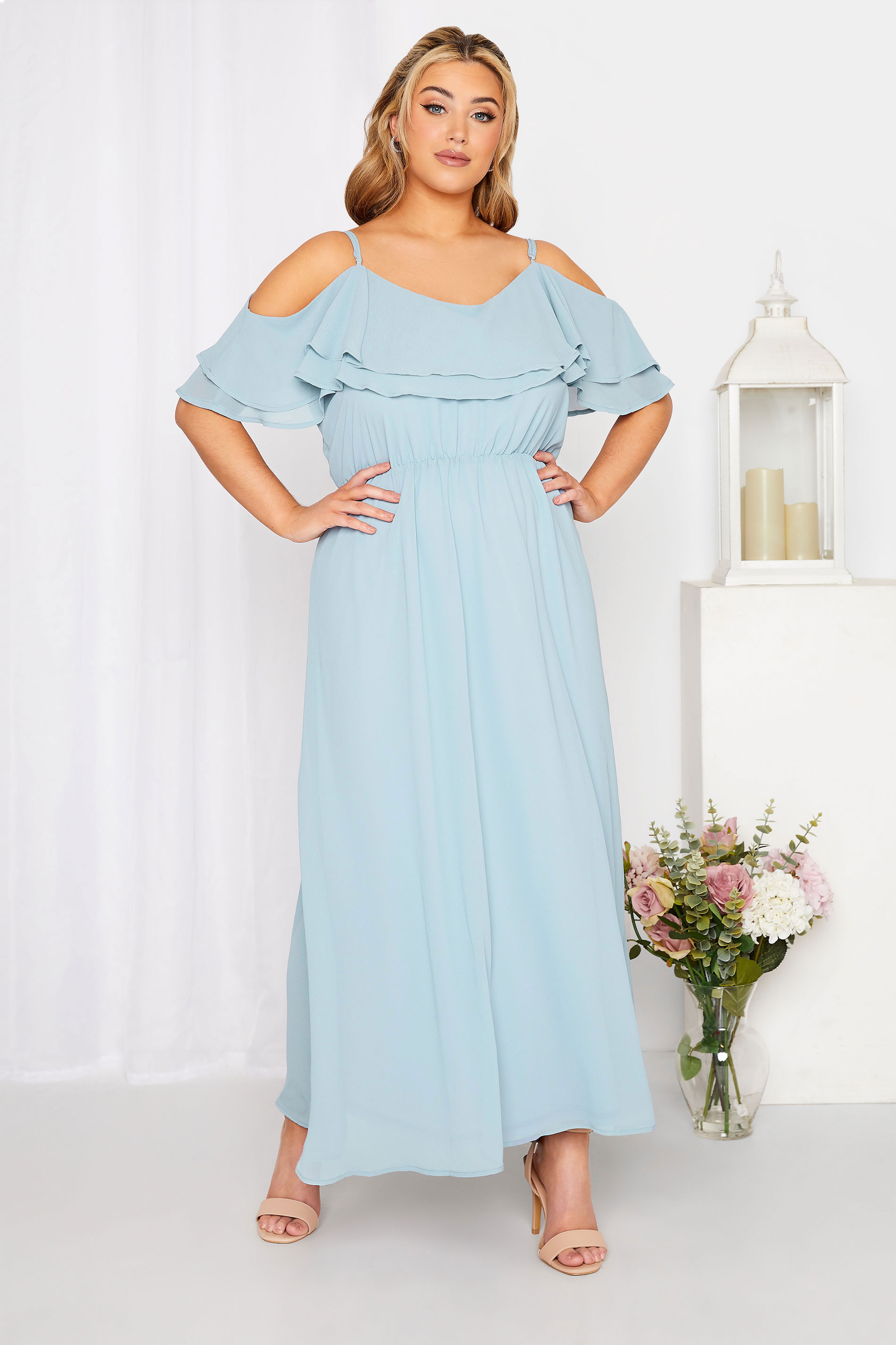 YOURS LONDON Curve Blue Bardot Ruffle Bridesmaid Maxi Dress 1
