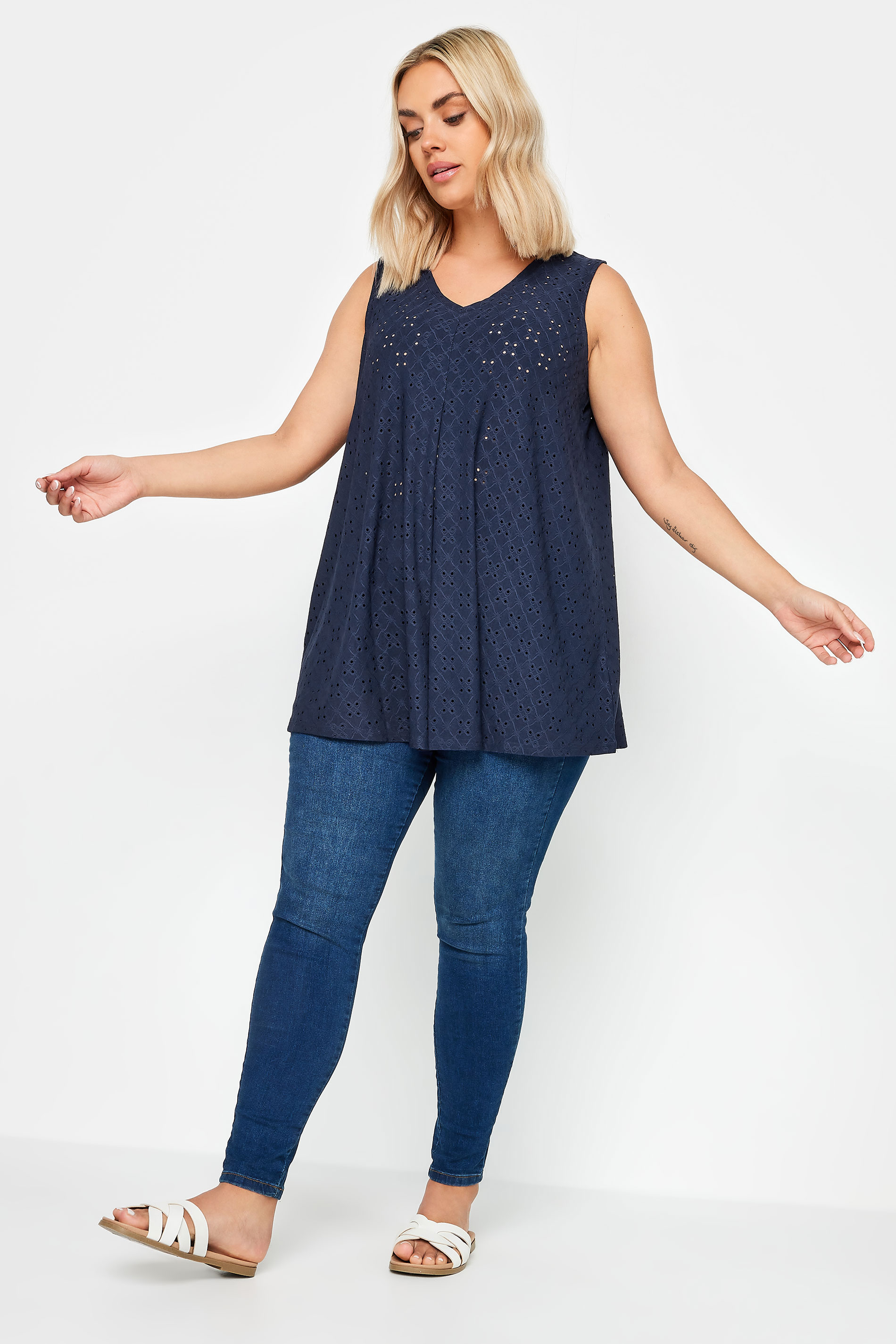 YOURS Plus Size Navy Blue Broderie Anglaise Swing Vest Top | Yours Clothing 2