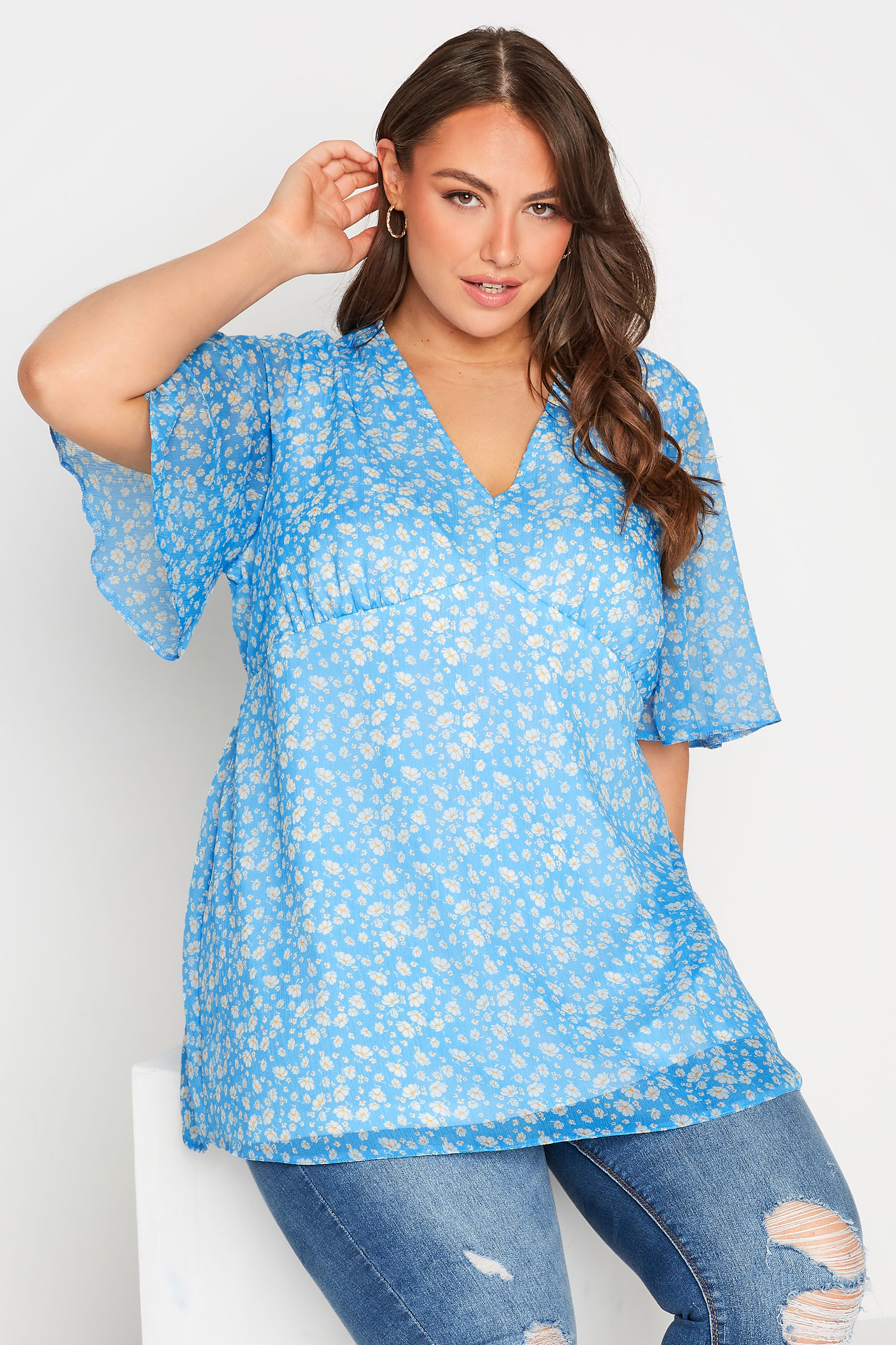 Plus Size Blue Daisy Print Back Tie V-Neck Top | Yours Clothing 1