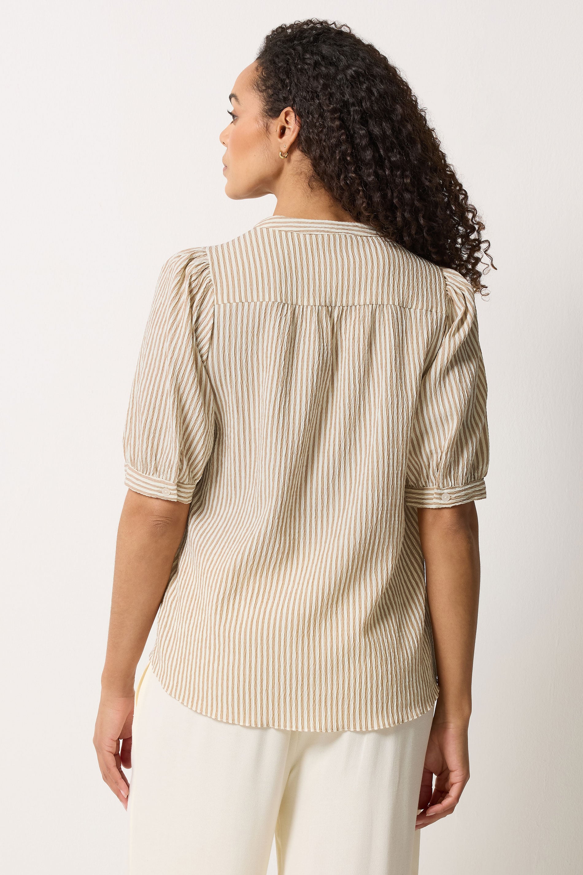 M&Co Brown Stripe Textured Puff Sleeve Shirt | M&Co 4