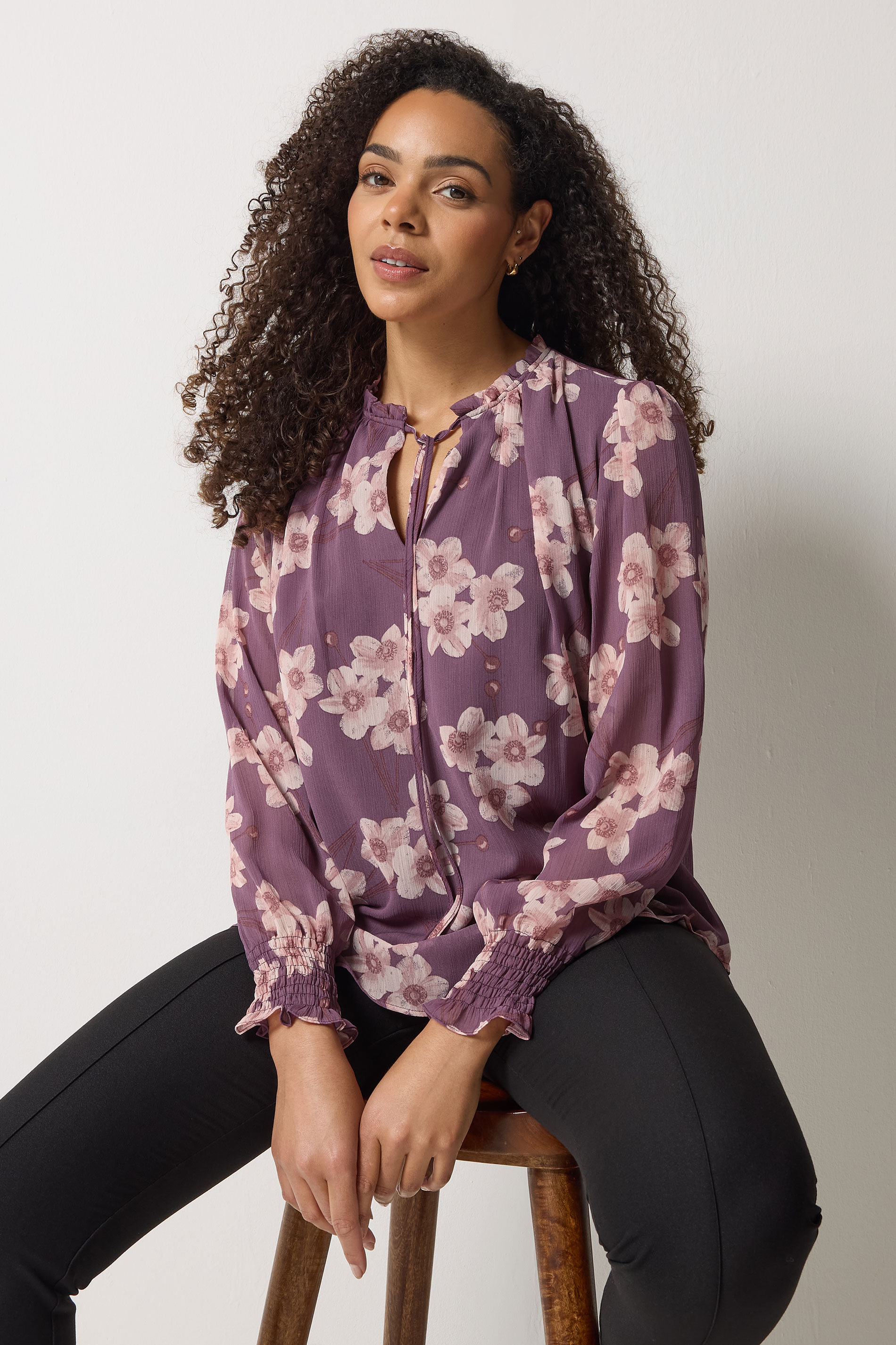 M&Co Purple Floral Tie Neck Blouse | M&Co 3