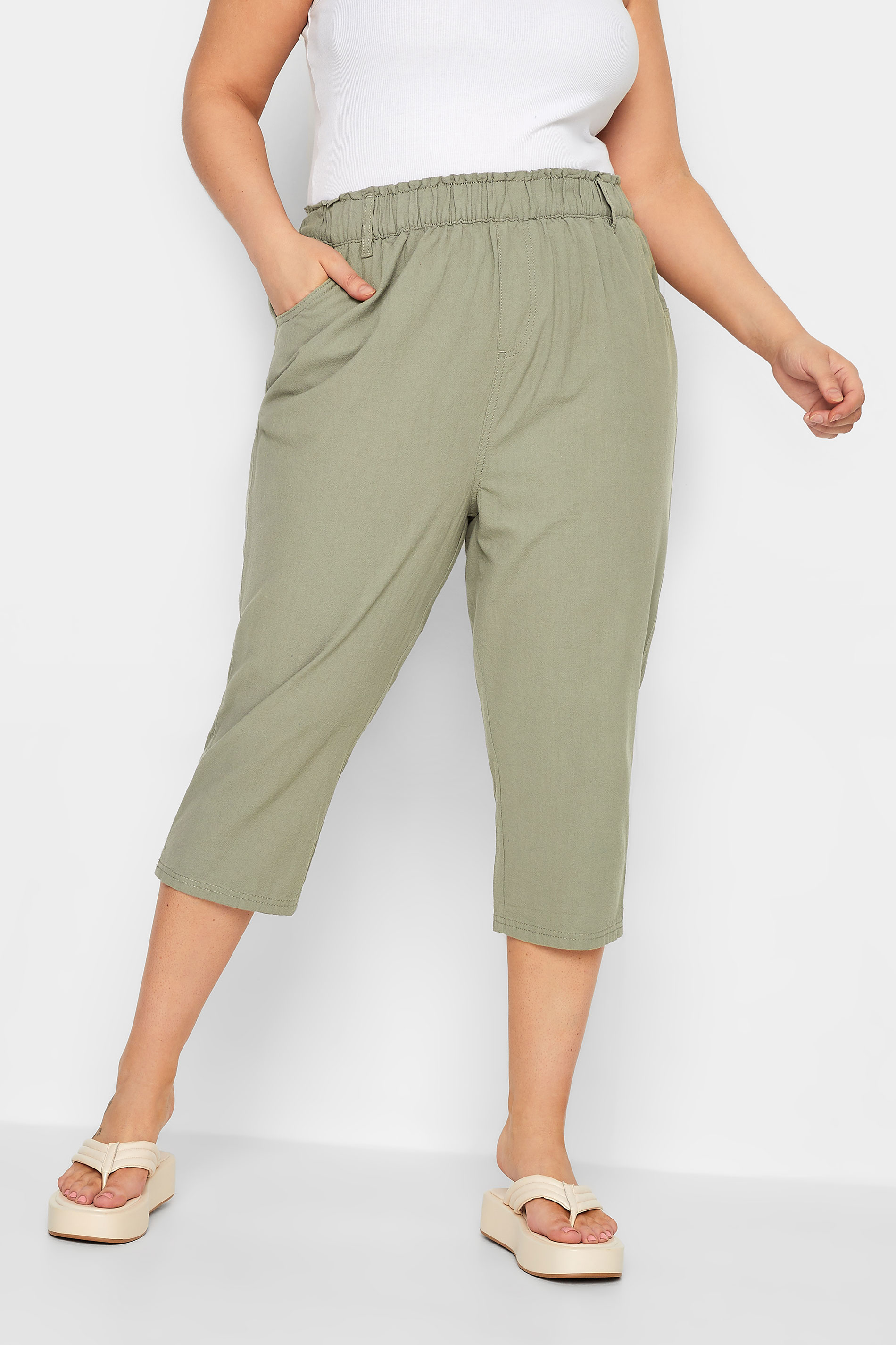 YOURS Curve Plus Size Khaki Green Cotton Cropped Trousers | Yours Clothing  2