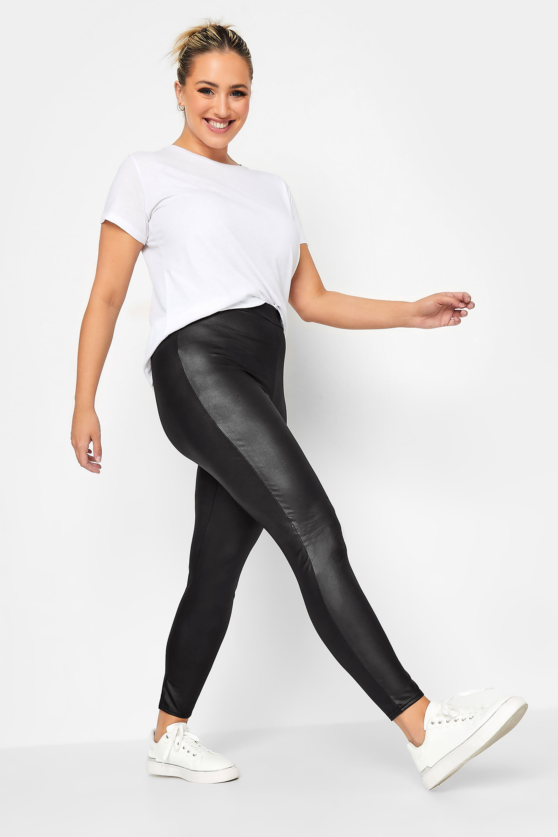 Plus Size Black Wet Look Stretch Leggings | Yours Clothing 2