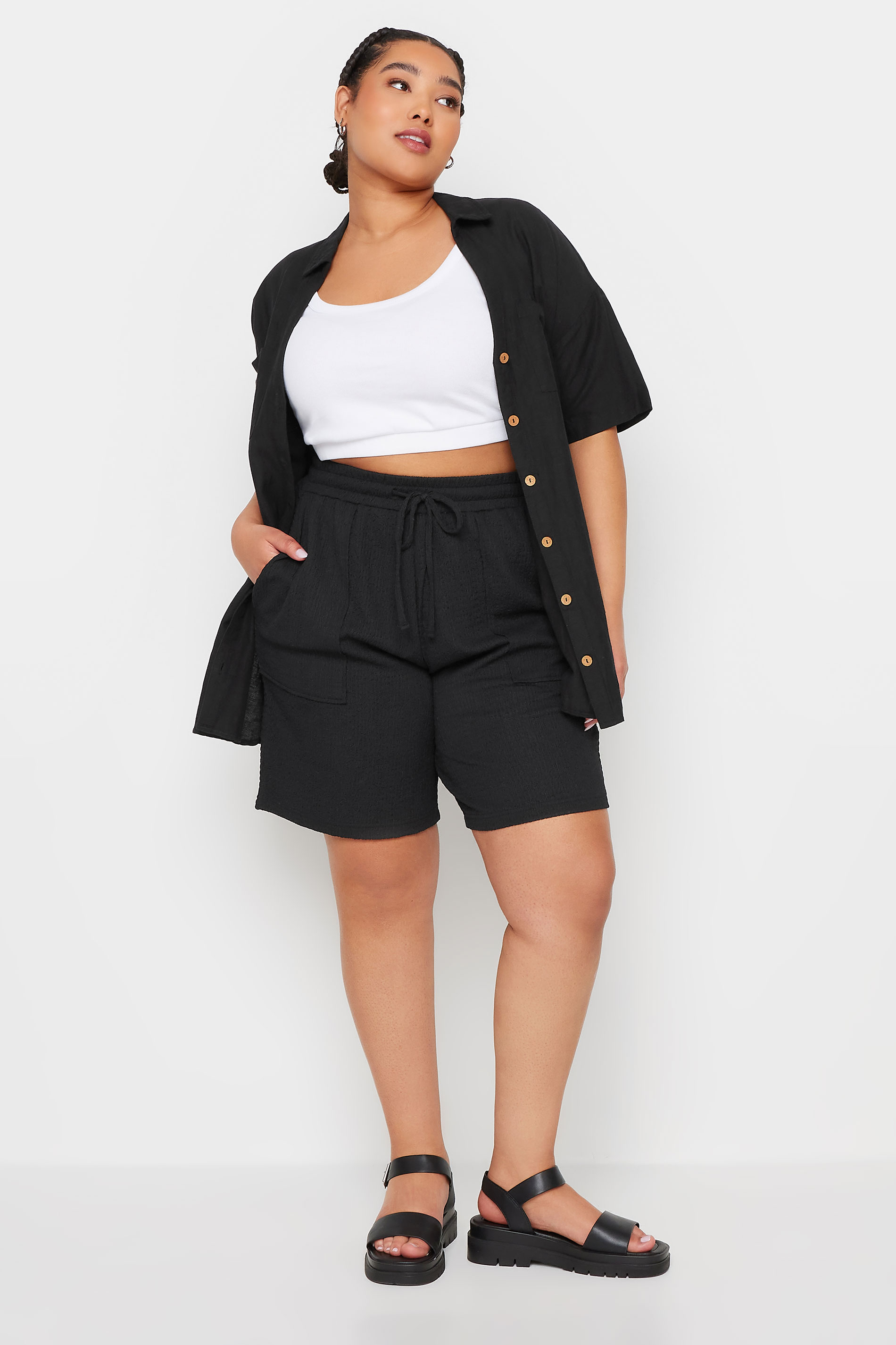 YOURS Plus Size Black Textured Crinkle Shorts | Yours Clothing 2