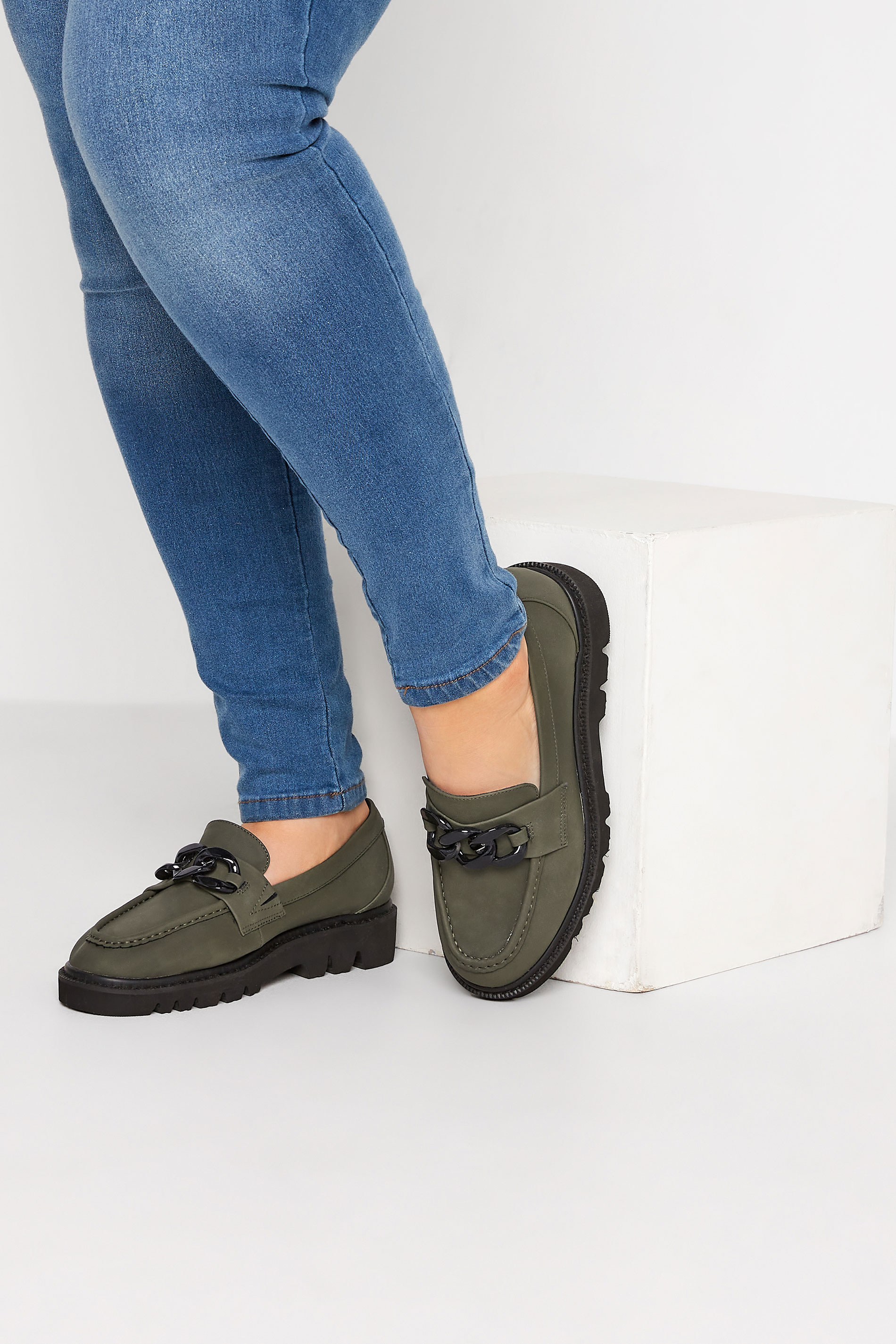 LIMITED COLLECTION Plus Size Khaki Green Chunky Chain Loafers In Extra Wide EEE Fit | Yours Clothing 1