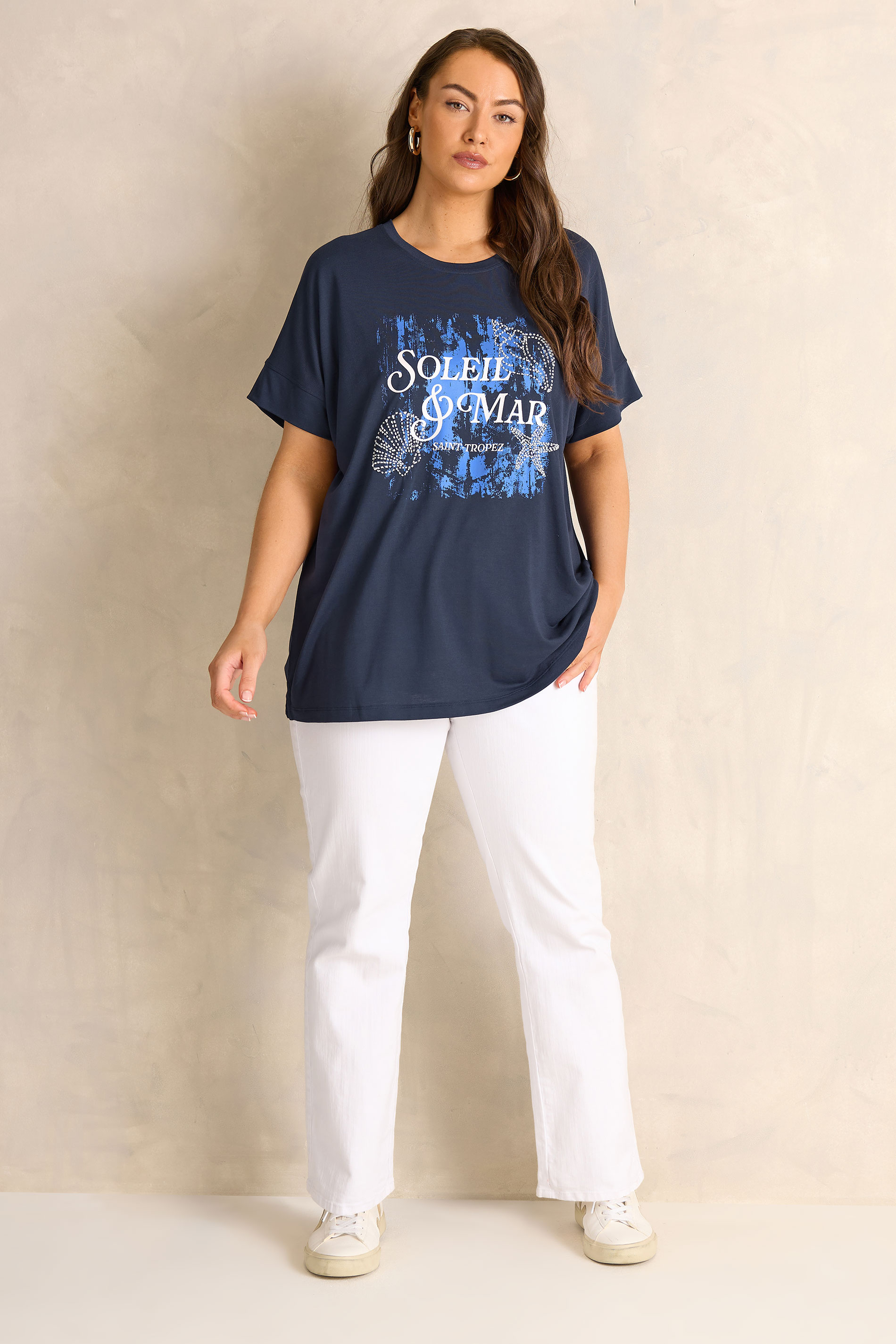 EVANS Plus Size Navy Blue 'Soleil & Mar' Slogan Print T-Shirt | Evans 2