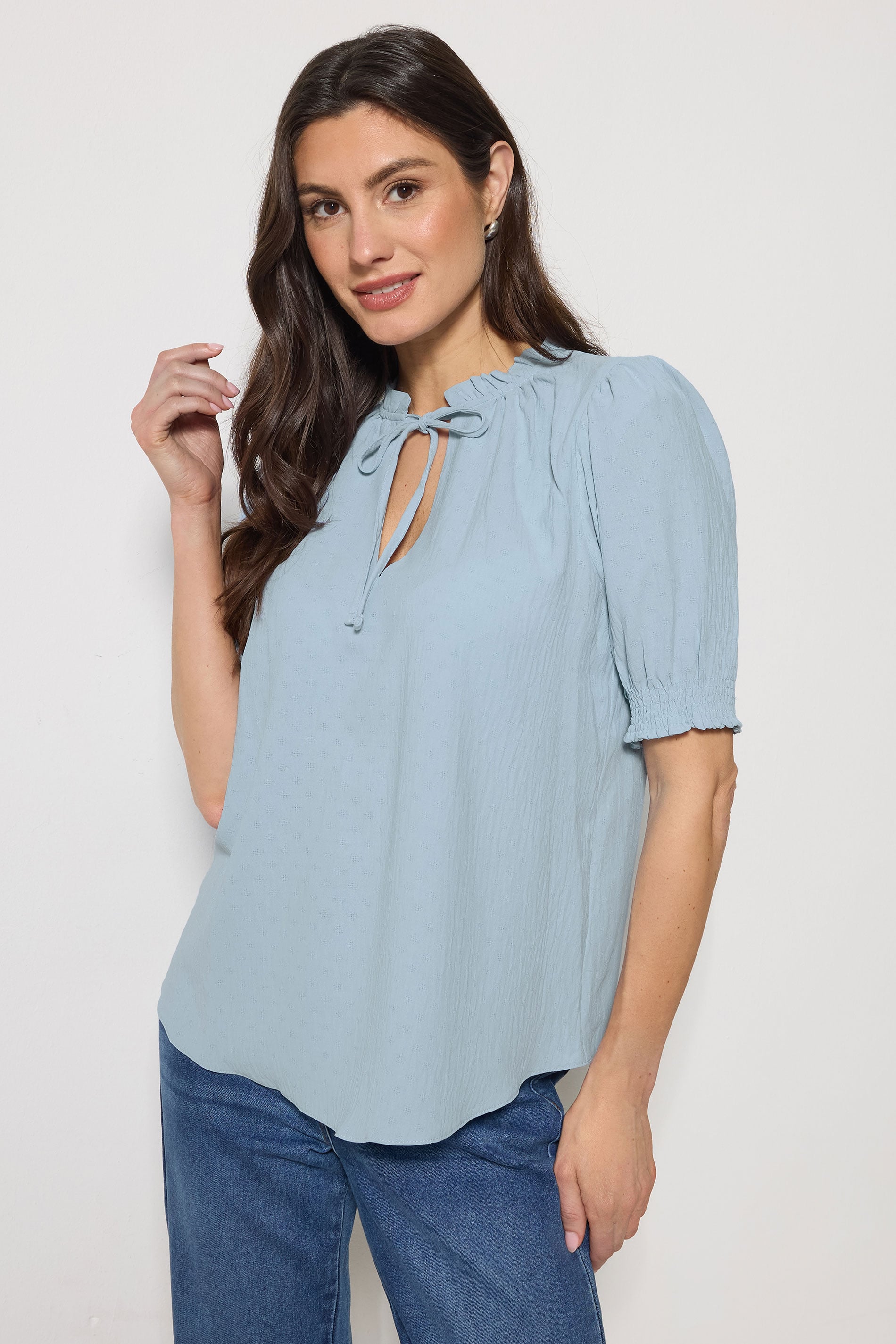 M&Co Blue Pastel Tie Neck Frill Sleeve Blouse | M&Co 3