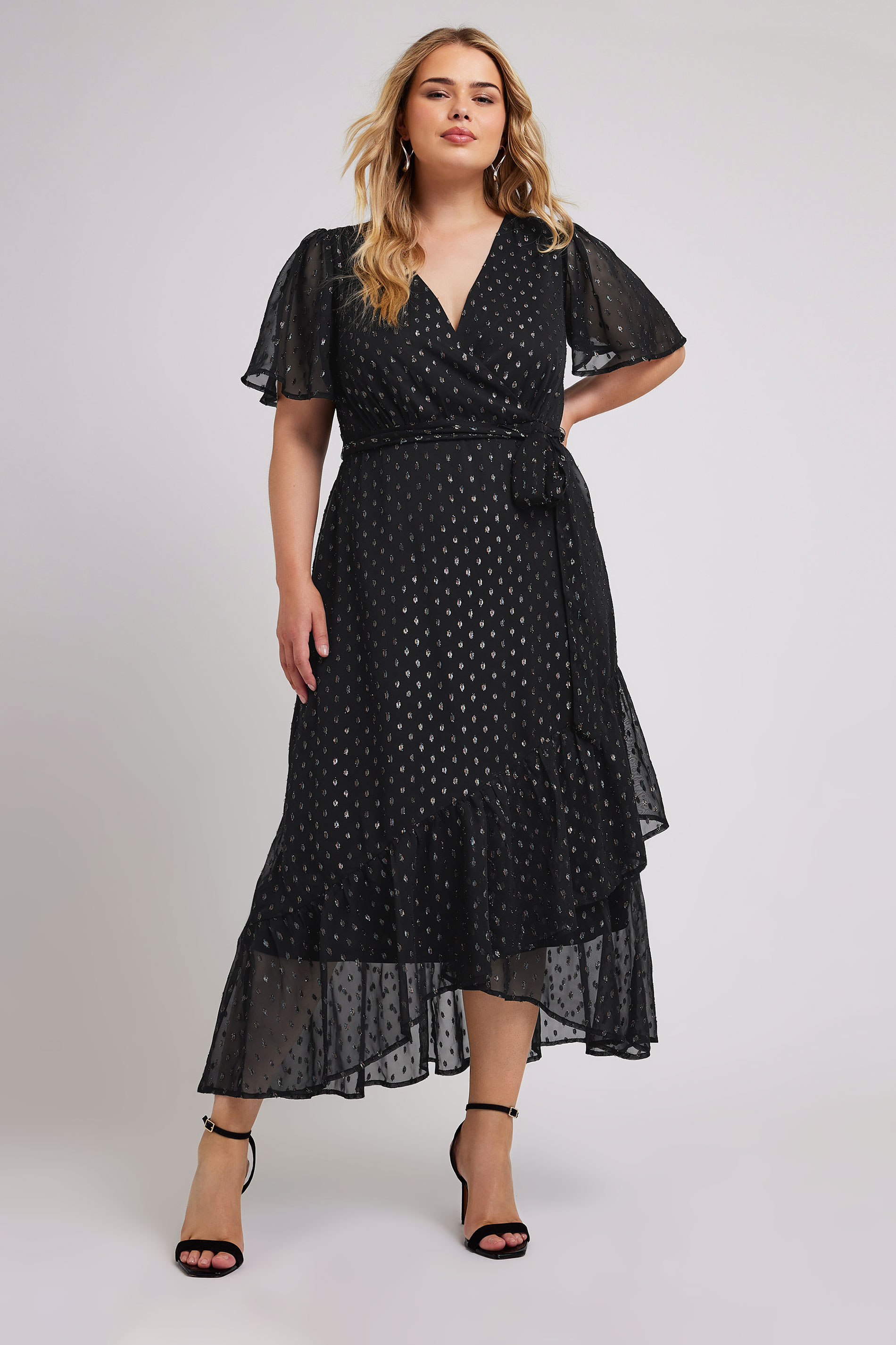 Yours London Curve Black Metallic Dobby Wrap Dress, Womens Curve & Plus Size, Yours London