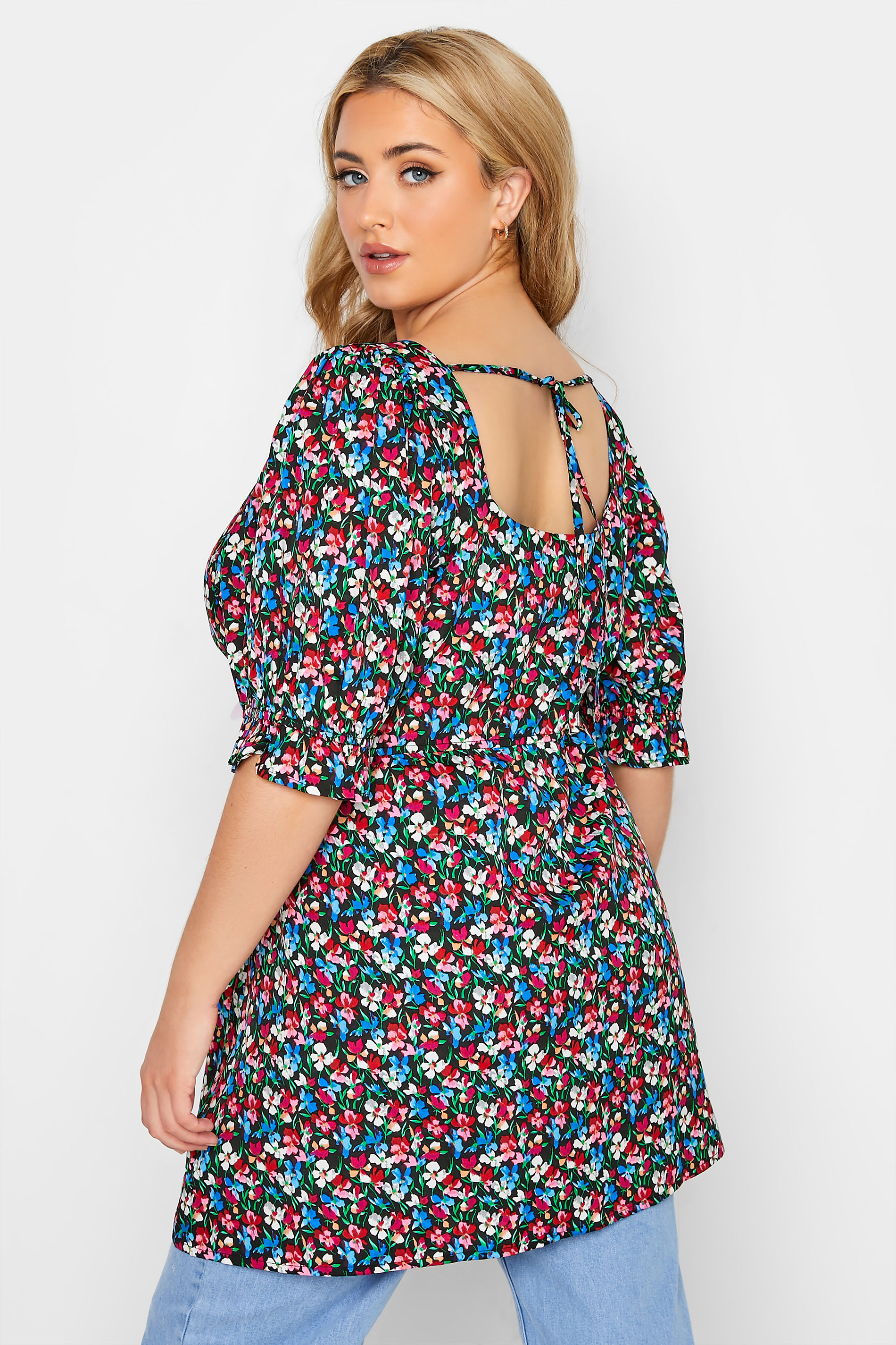 LIMITED COLLECTION Plus Size Black Floral Print Puff Sleeve Peplum Top | Yours Clothing 3