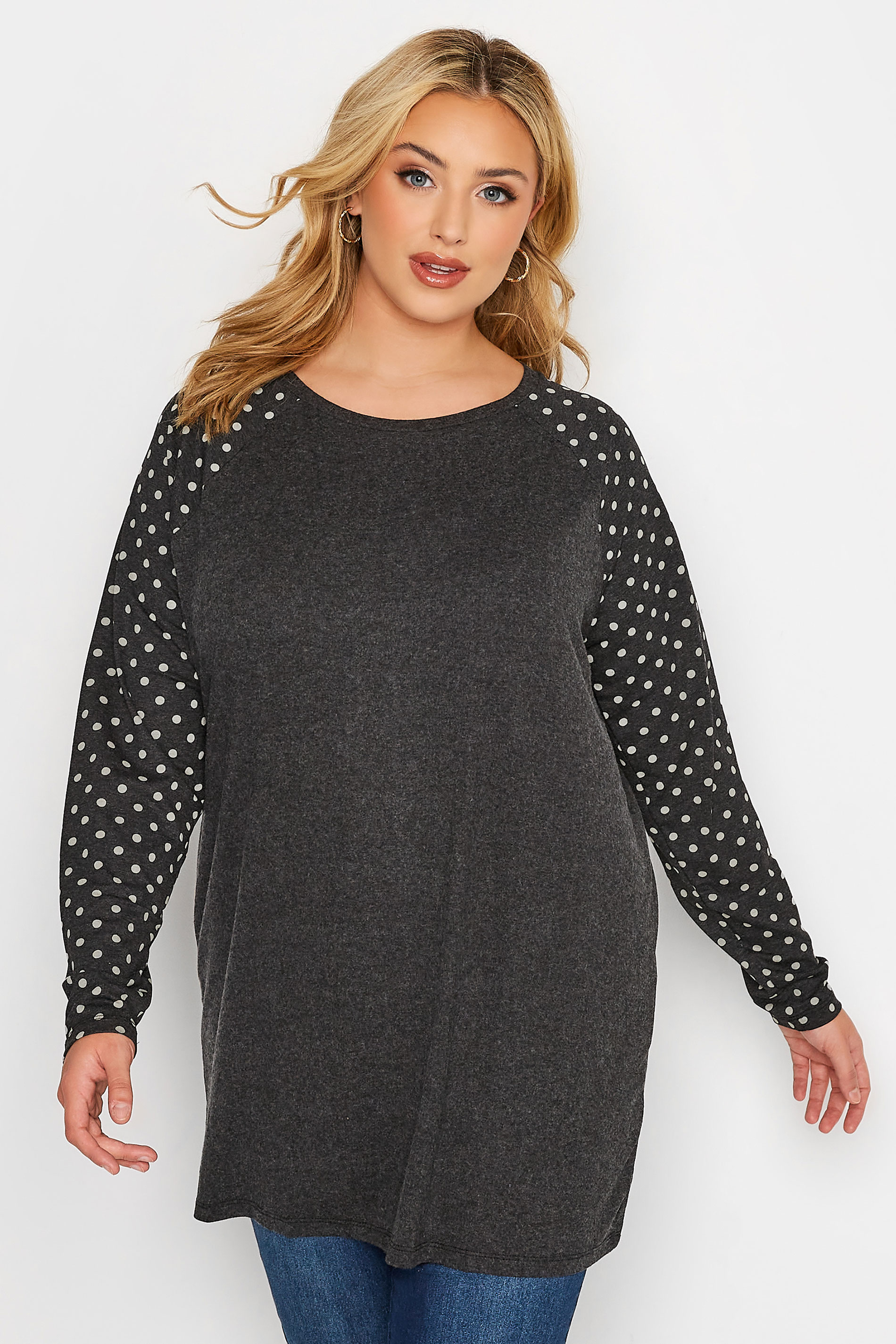 Plus Size Charcoal Grey Spot Print Raglan Sleeve Tunic | Yours Clothing  1