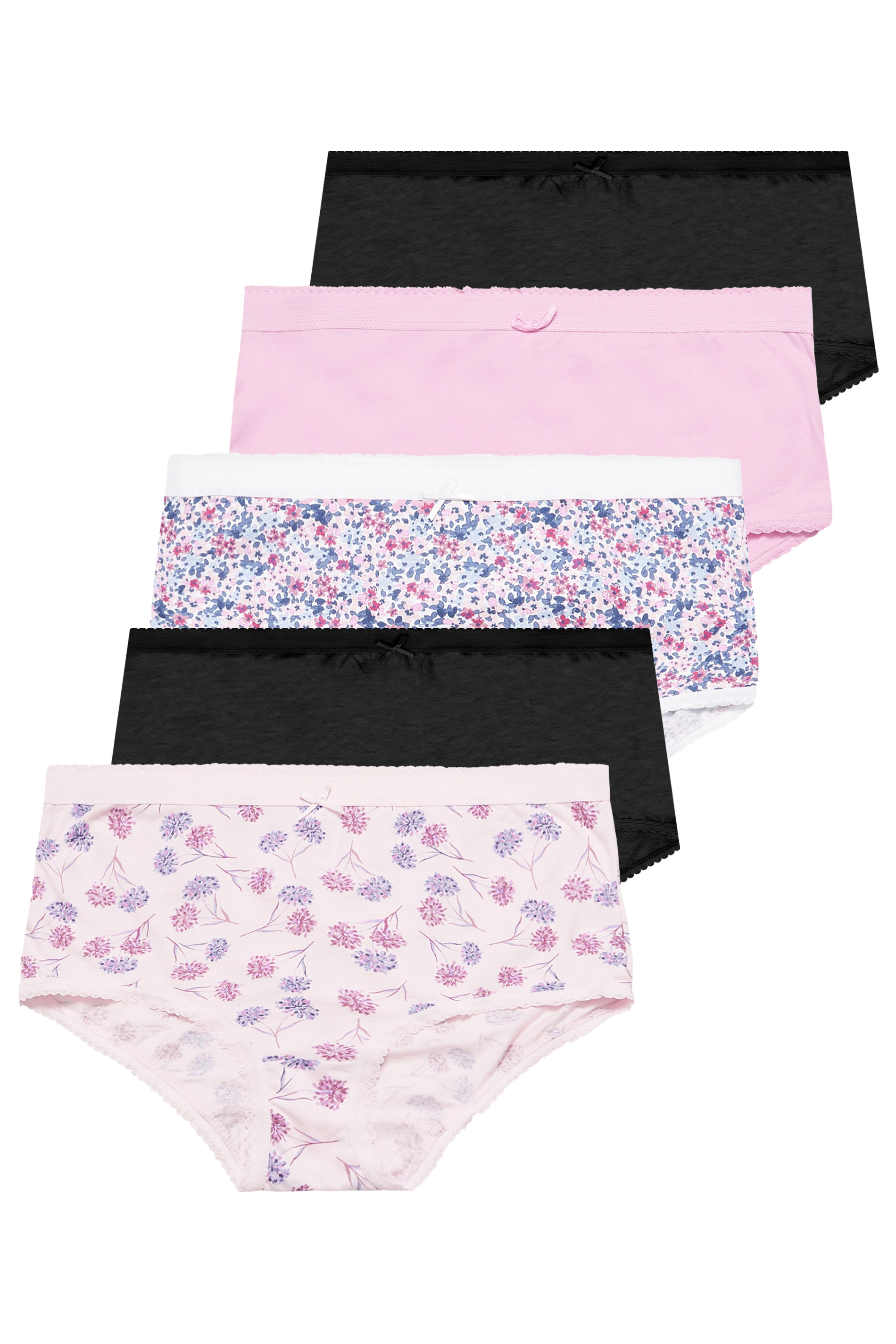 YOURS Curve Plus Size 5 PACK Black & Pink Painted Floral Print Full Briefs | Yours Clothing  3