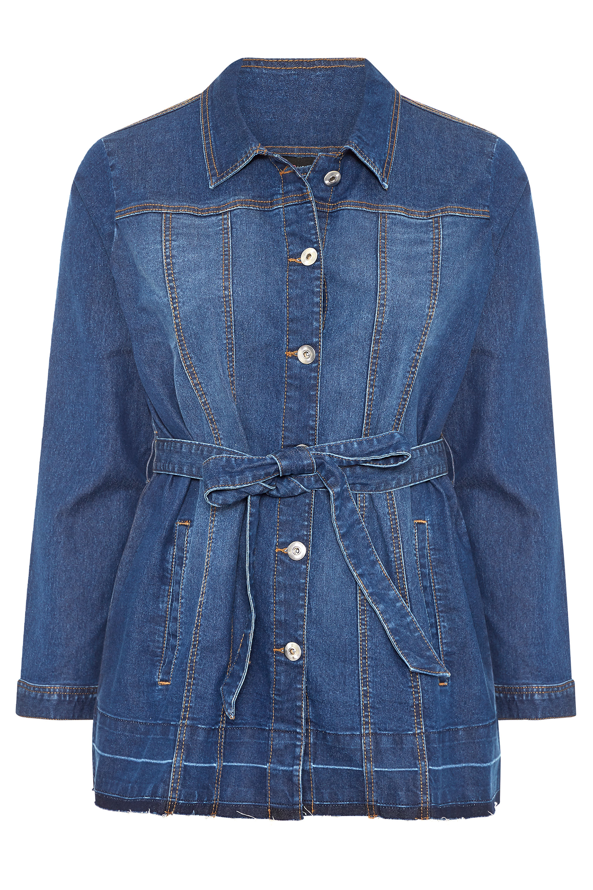 Blue Belted Stretch Longline Denim Jacket | Yours Clothing
