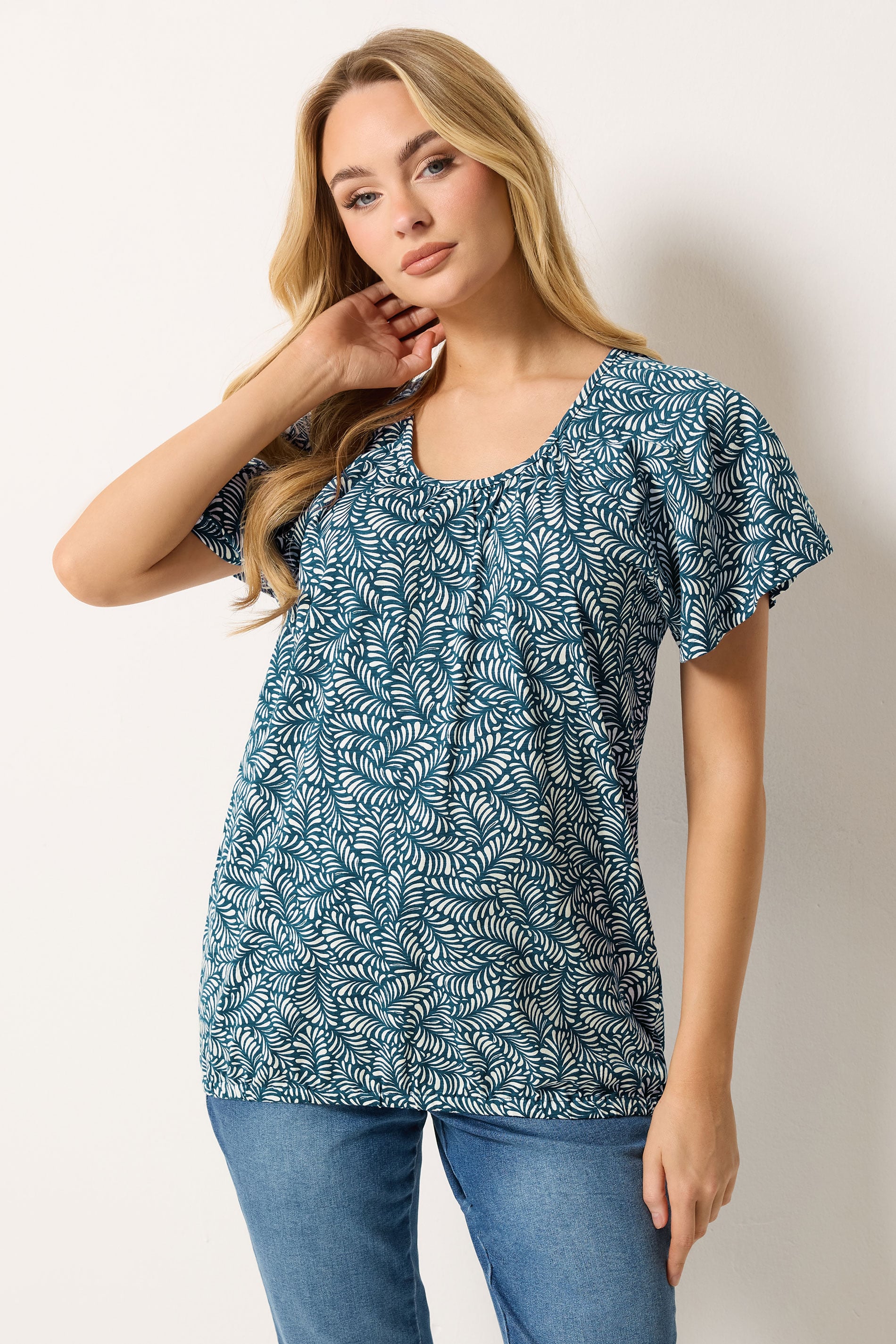 M&Co Navy Blue Leaf Print Cotton Scoop Neck Top | M&Co 1