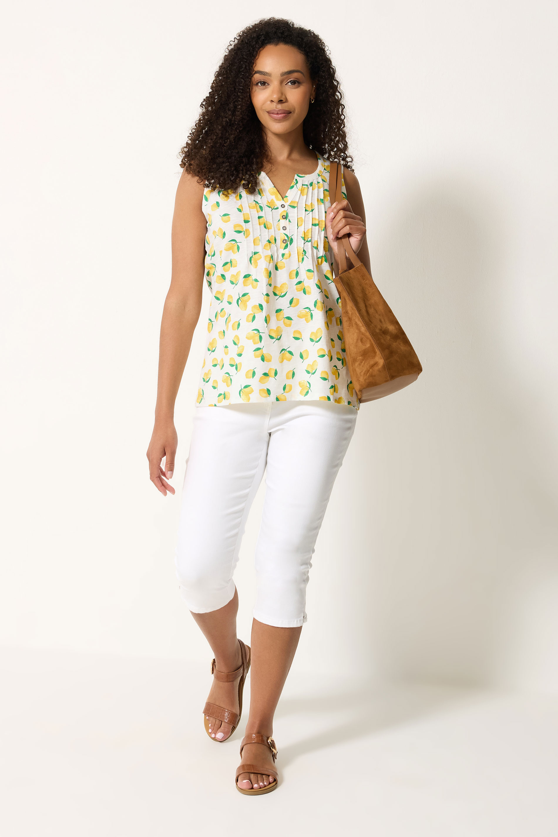 M&Co Yellow Lemon Print Sleeveless Cotton Henley Top | M&Co 1