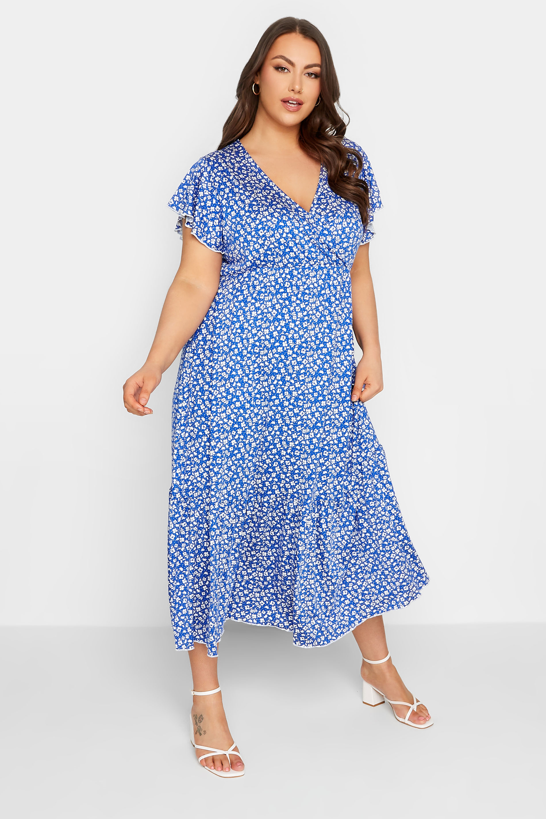 YOURS Plus Size Blue Ditsy Print Frill Sleeve Wrap Maxi Dress | Yours Clothing 1