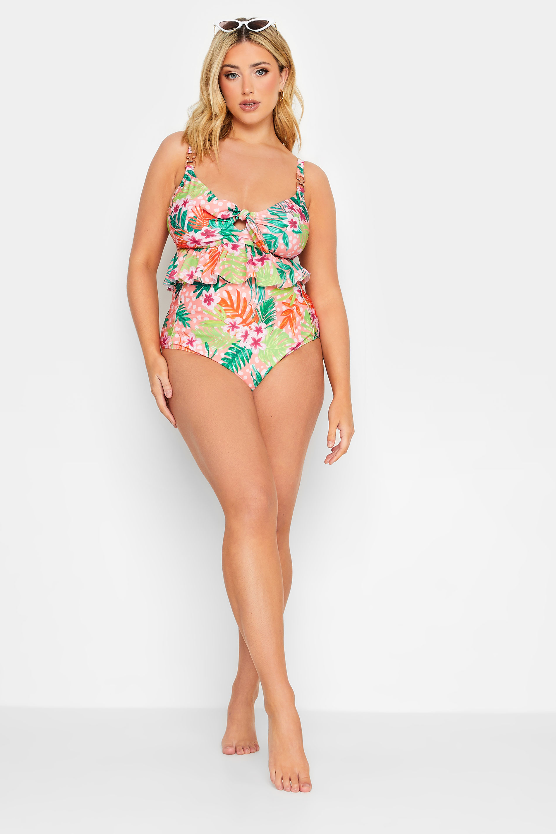 YOURS Curve Plus Size Pink Floral Front Knot Bikini Top | Yours Clothing  2
